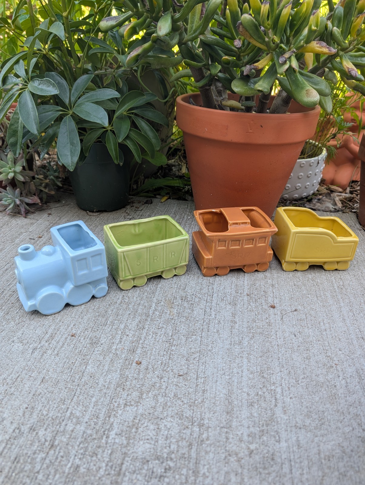 Four Piece Shawnee Pottery Train Railroad Planter 1940s Decor Vintage Pastel