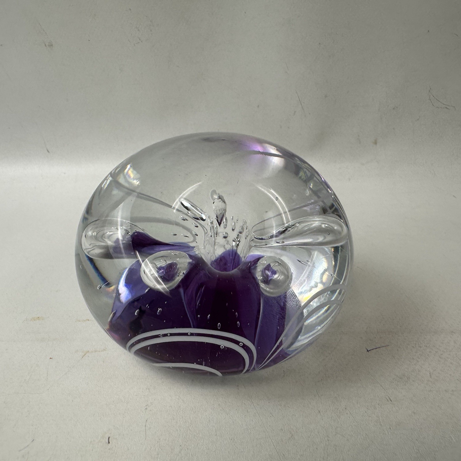 Small Art Glass Paperweight Flower Blue White Clear Bubbles