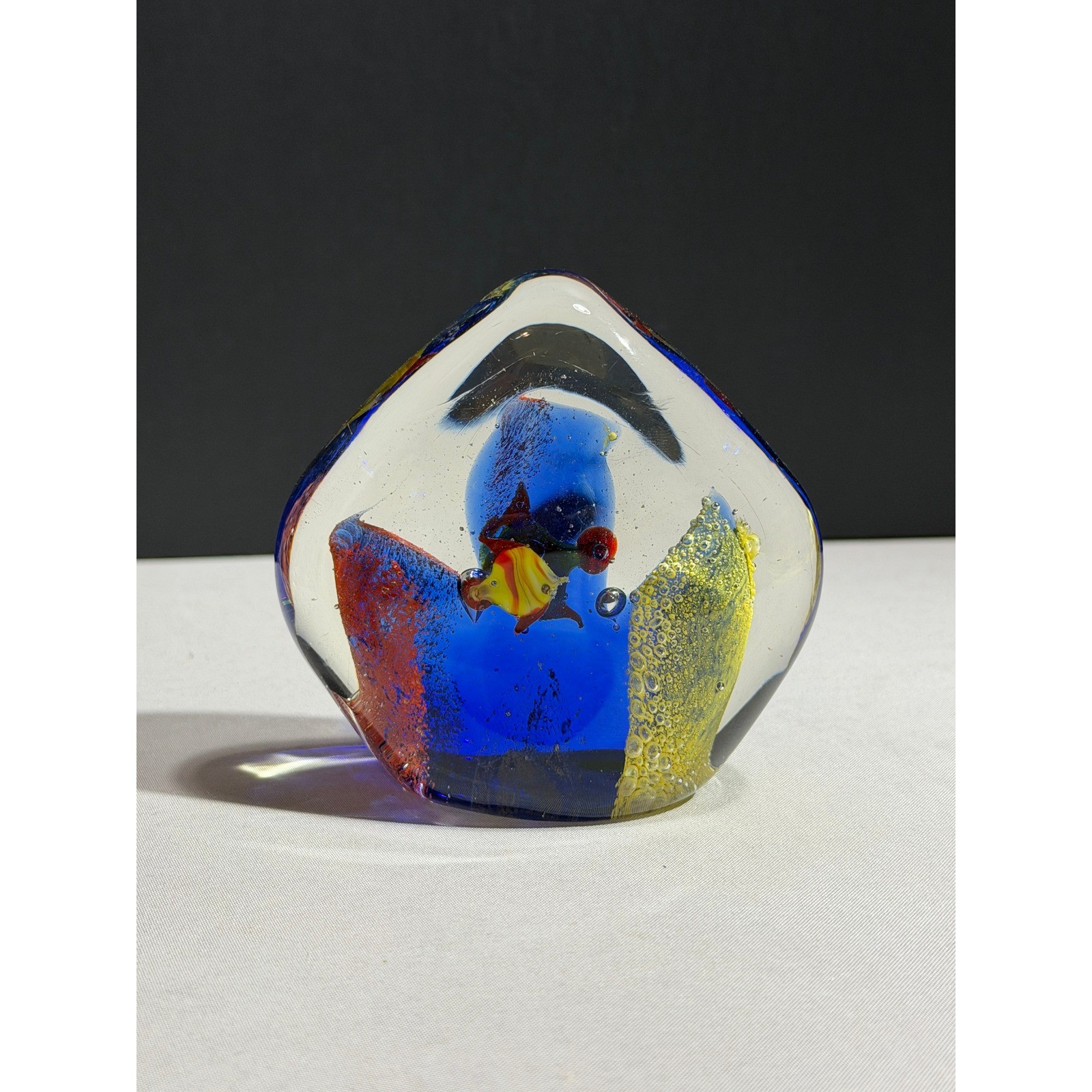 Vintage Murano Style Art Glass Paperweight Tropical Fish Underwater Scene Blue