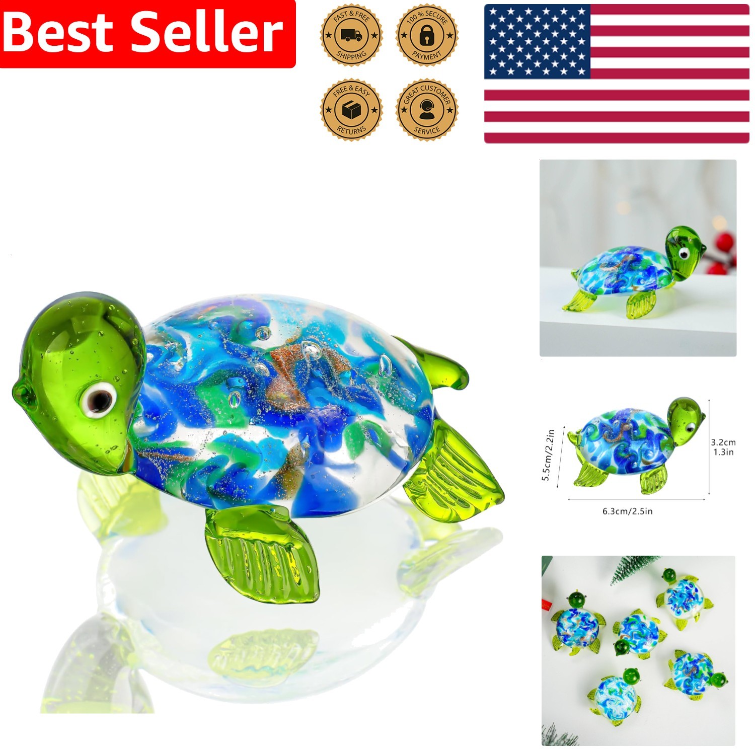 Unique Blown Glass Turtle Ornament, Miniature Sea Turtle Art Gift for Women