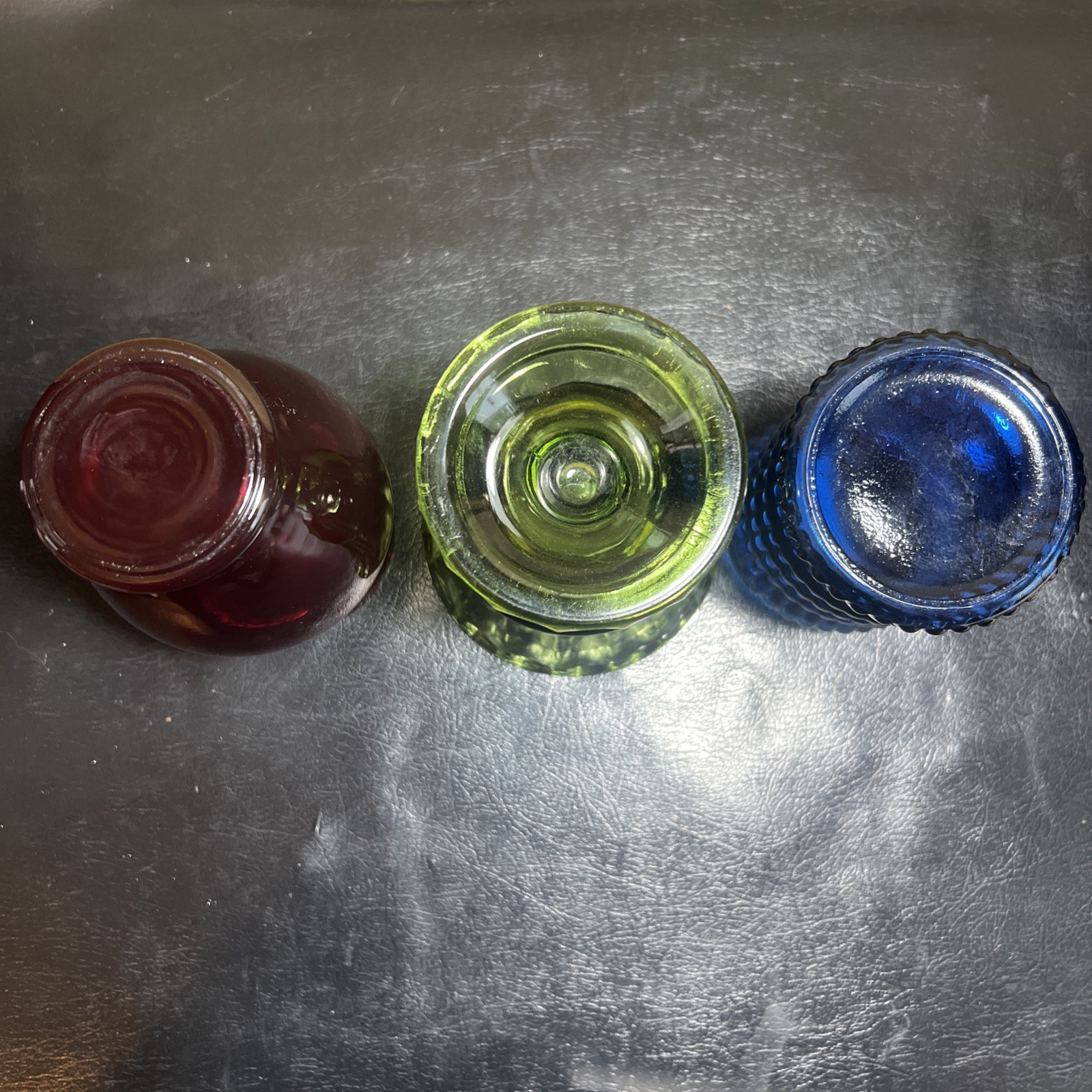 Vintage Royal Ruby Red Moss Green Sapphire Blue Vase Lot Trio Transparent Glass