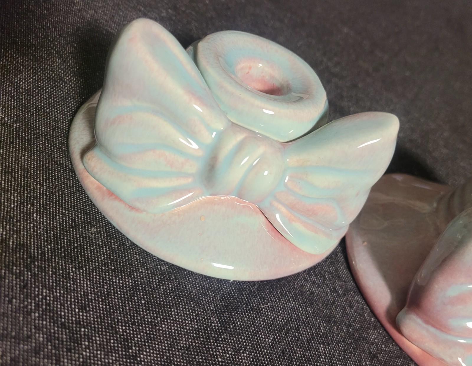 Vintage Cottage Pottery #454 Pair Of Bow Candle Holders Candlestick Blue Pink