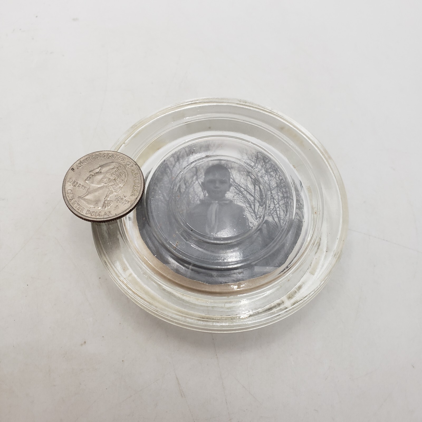 Vintage Clear Glass Paperweight w/ Black & White Picture of BSA? Boy in Uniform