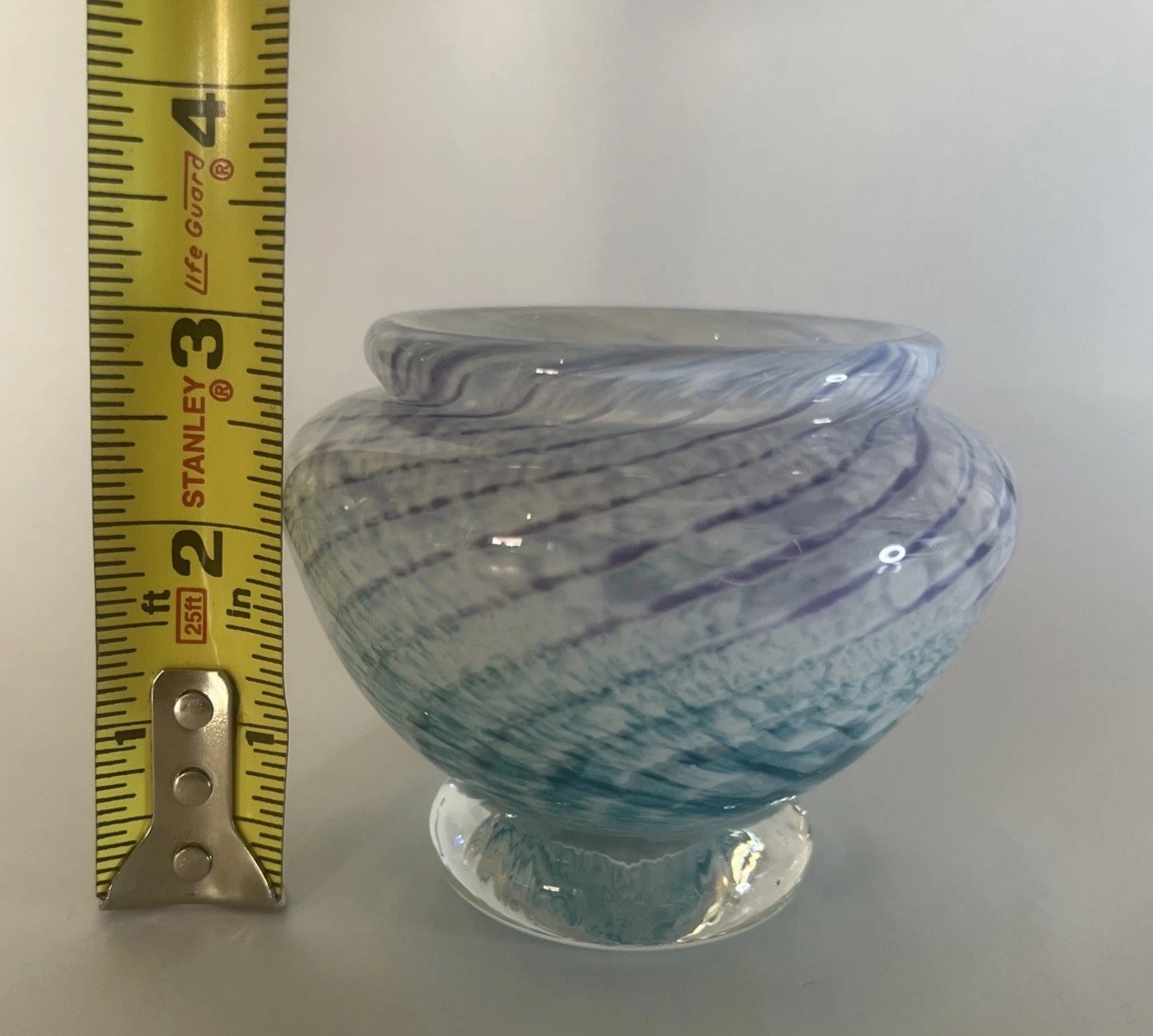 VTG Hand Blown Art Glass Bowl Blue White Purple Swirl Confetti Studio Glass 3”