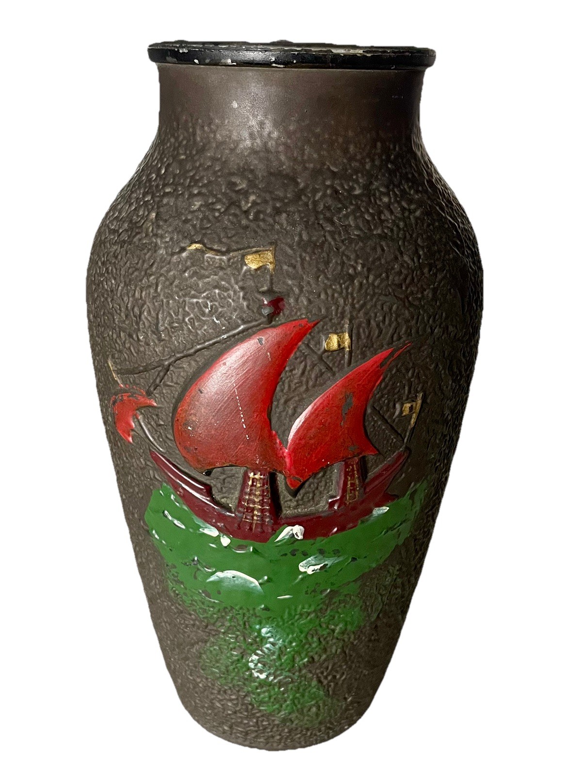 Early 1900’s Goofus Glass Vase with an Embossed Venetian Style Ship 9″ See Pics