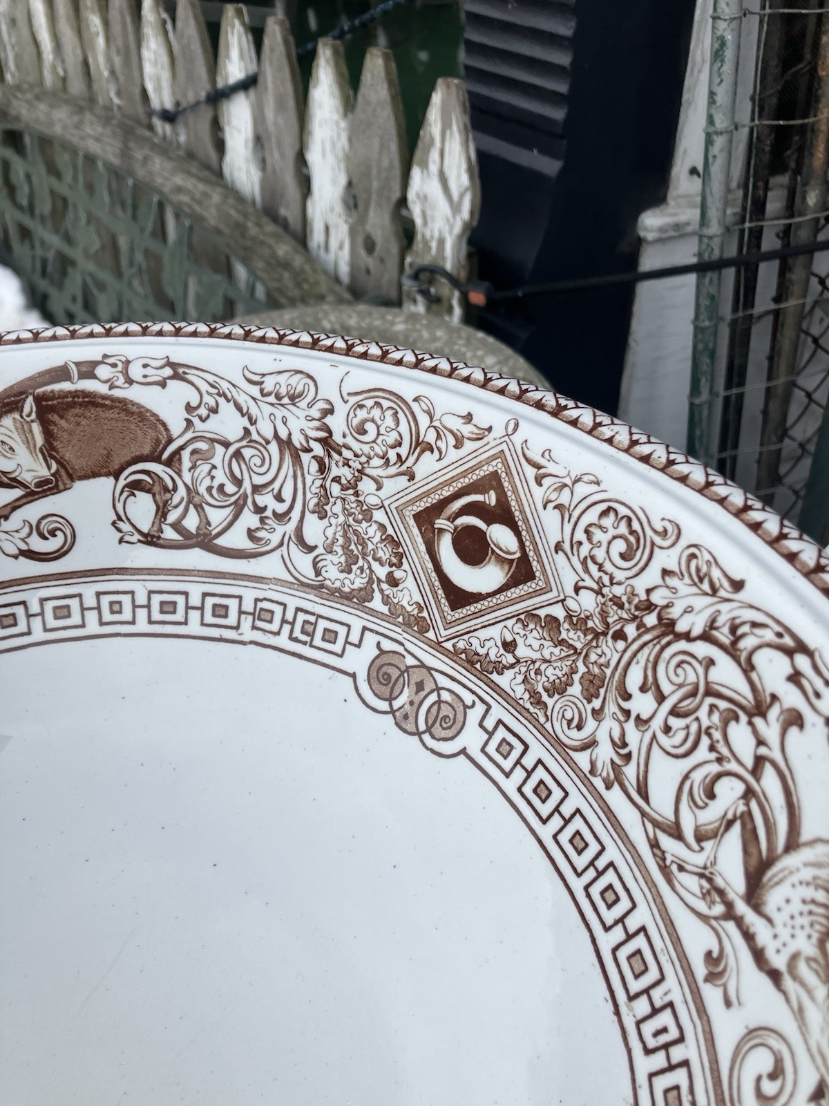 Antique Brown Transferware Wash Basin Bowl Ironstone Stag Boar Hunt Brownfield