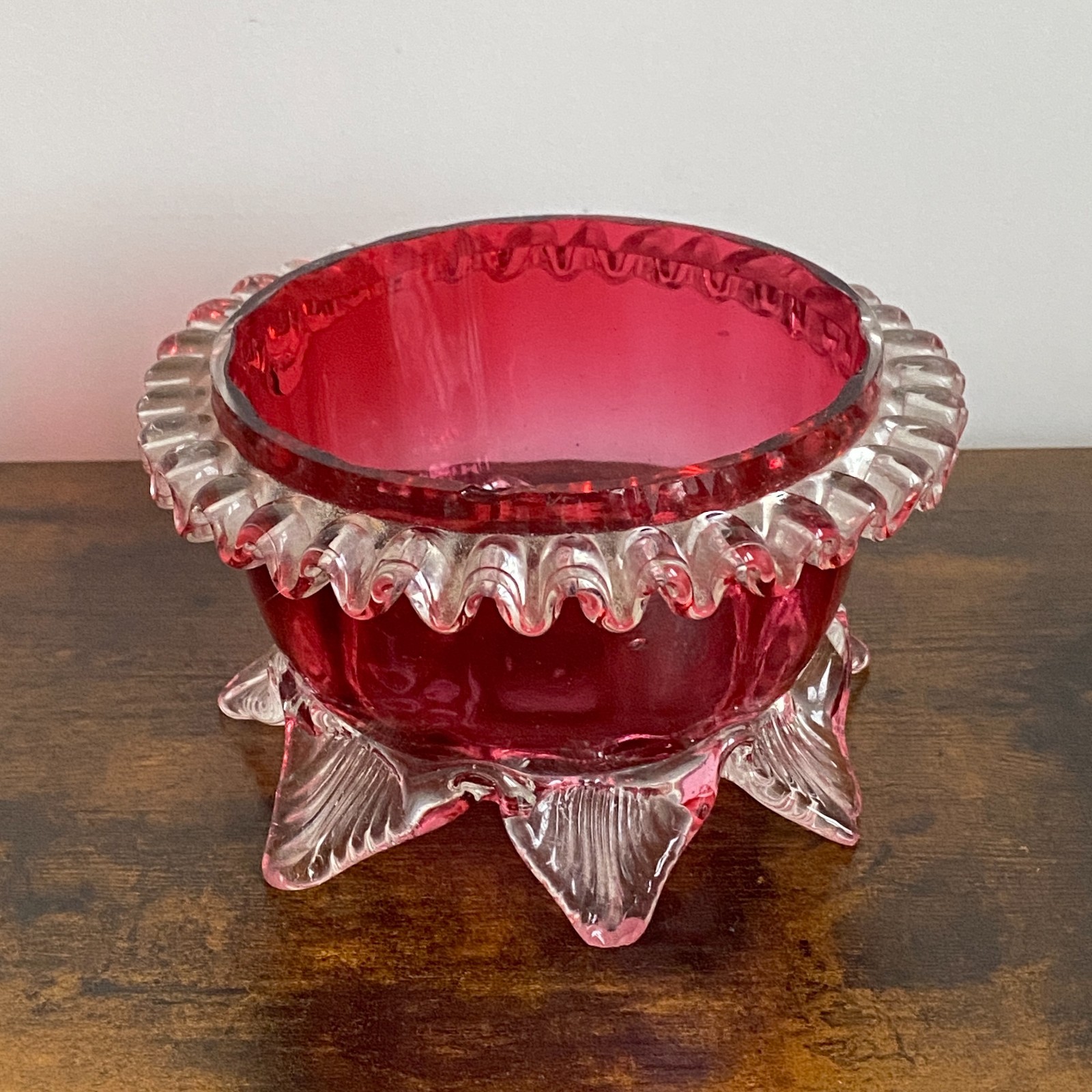 Antique Victorian Leaf Footed Cranberry Glass Candy Bowl Ruby Trinket Dish 14cm