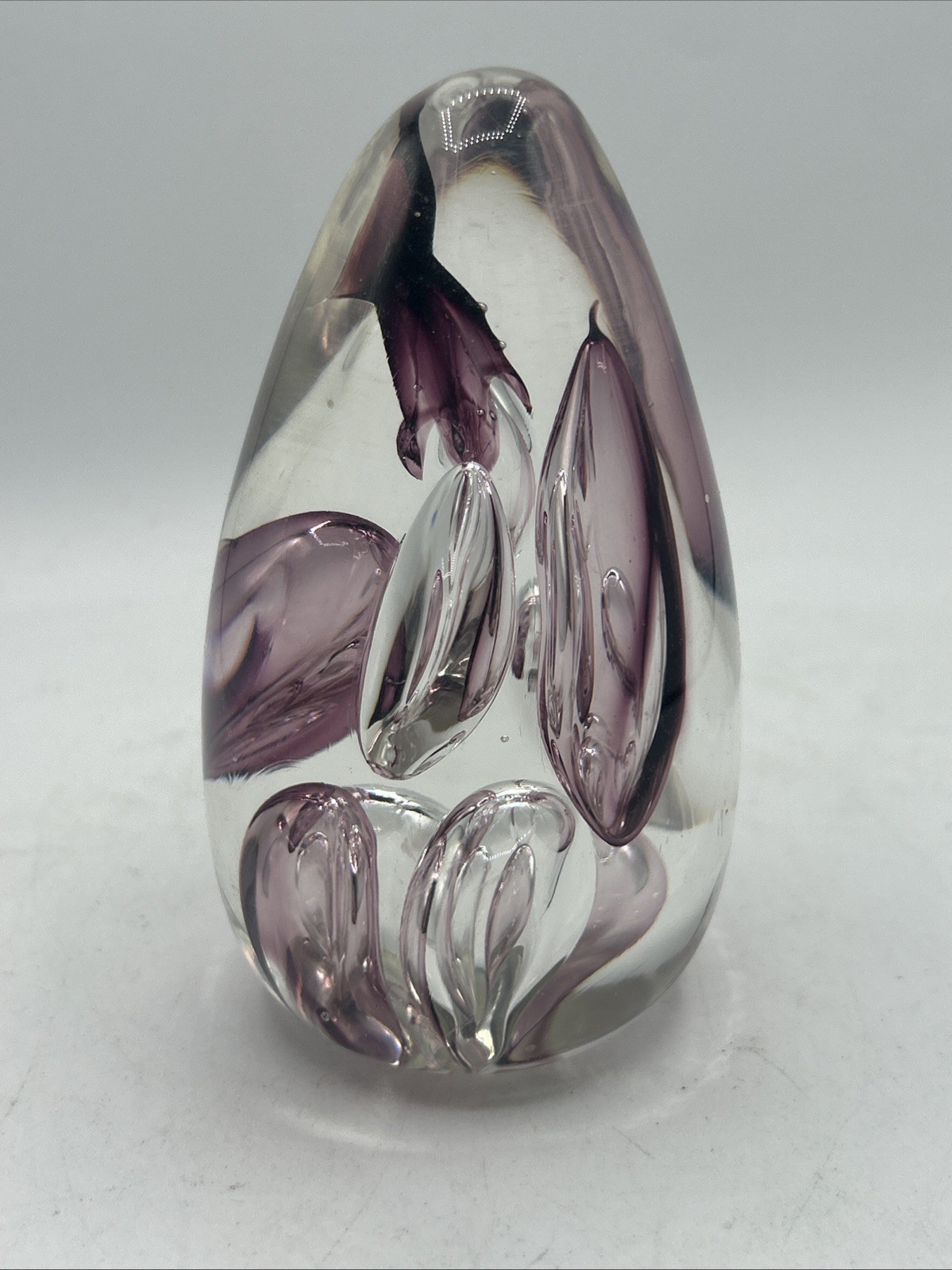 Langham England Egg Shaped Blown Glass Paperweight Purple 4.5” Bubbles