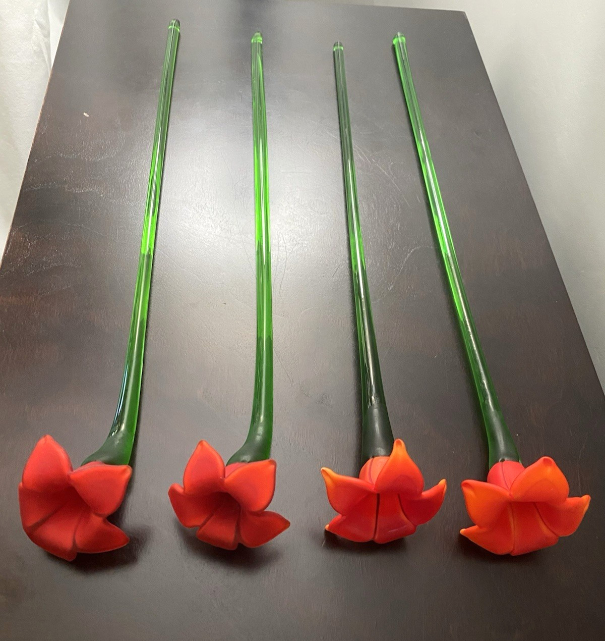 Red Long Stem Glass Flowers Bouquet Hand Blown Art Glass Set of 4
