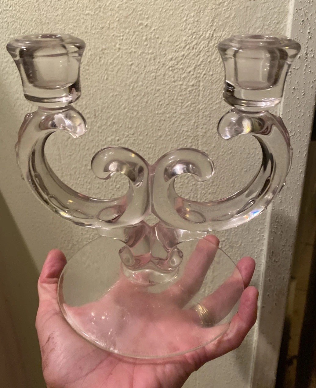 Camellia by Fostoria Double Light Glass Vintage Candelabra Candle Holder
