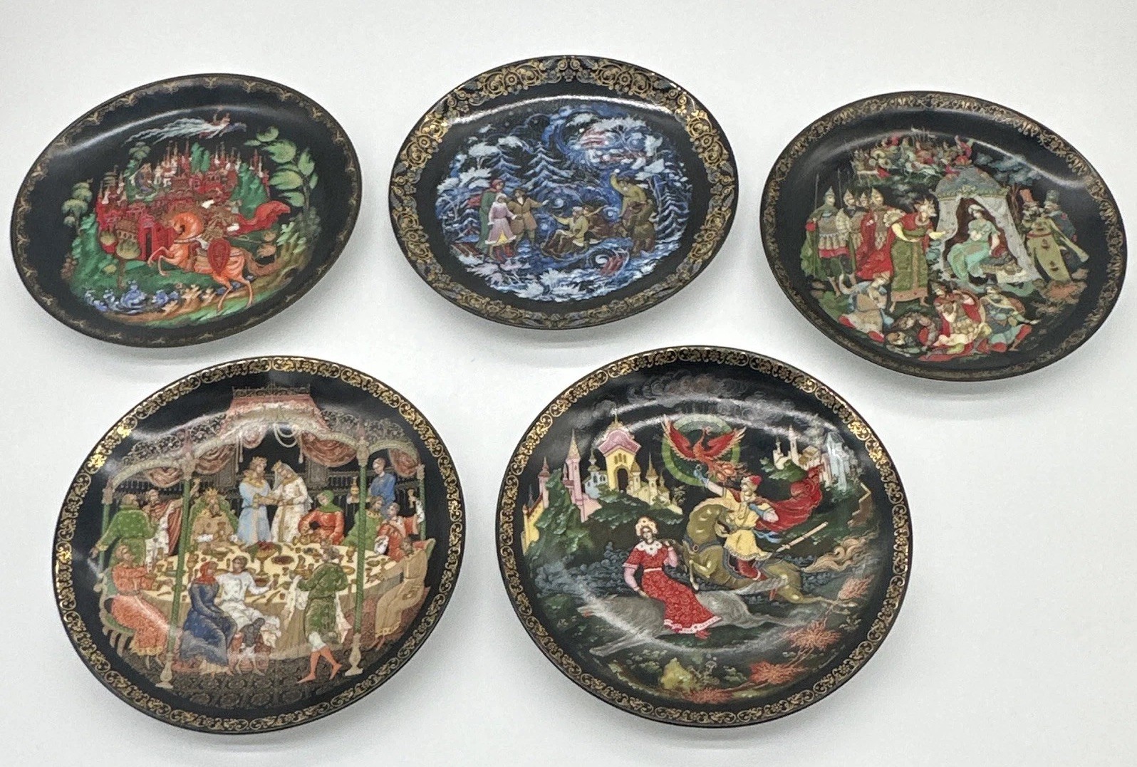Palekh Numbered Set of 5 Russian Fairy Tale Collector Plates Black/Gold Trim