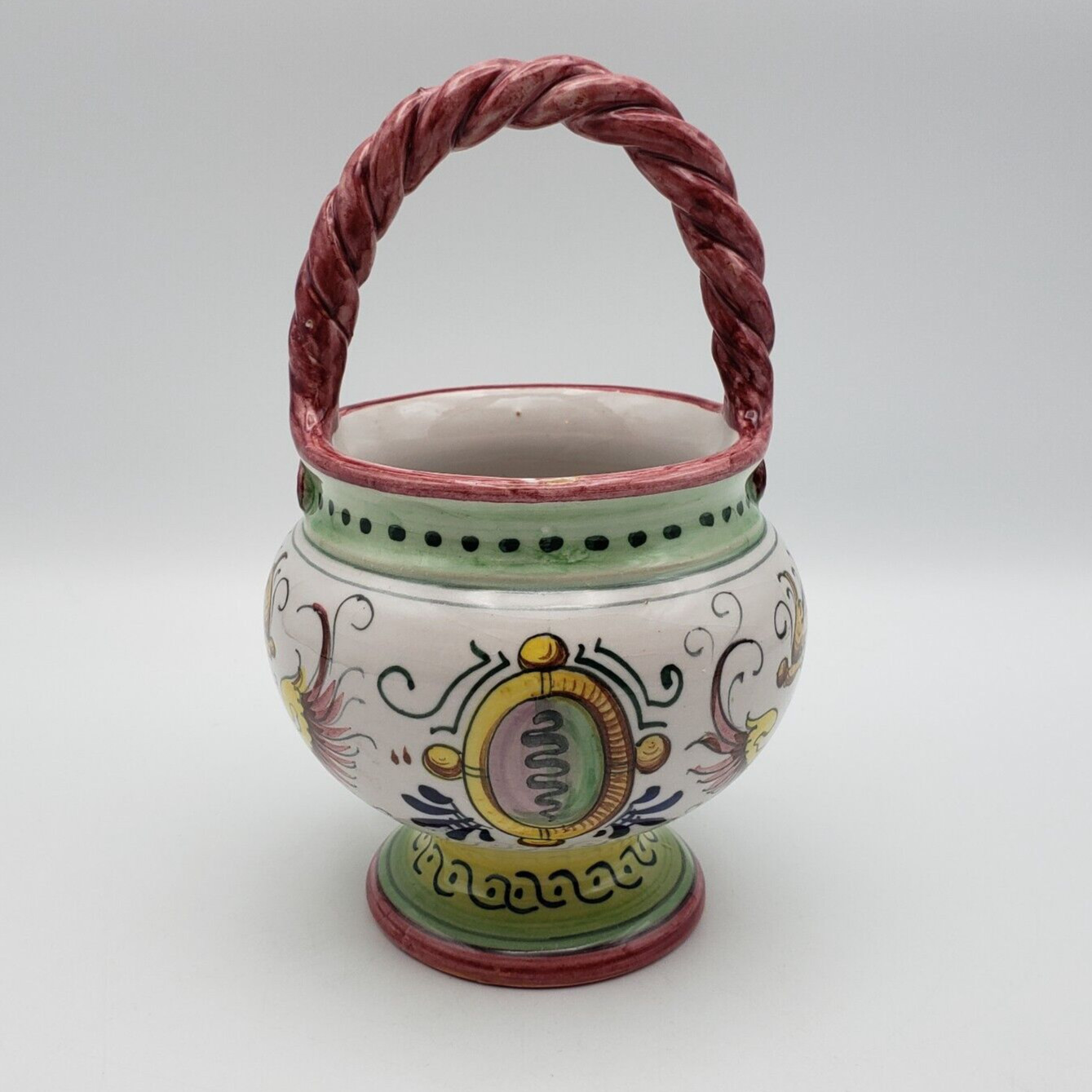 Vintage Italian Ceramic Decorative Basket w Twisted Handle Painted Winged Figure