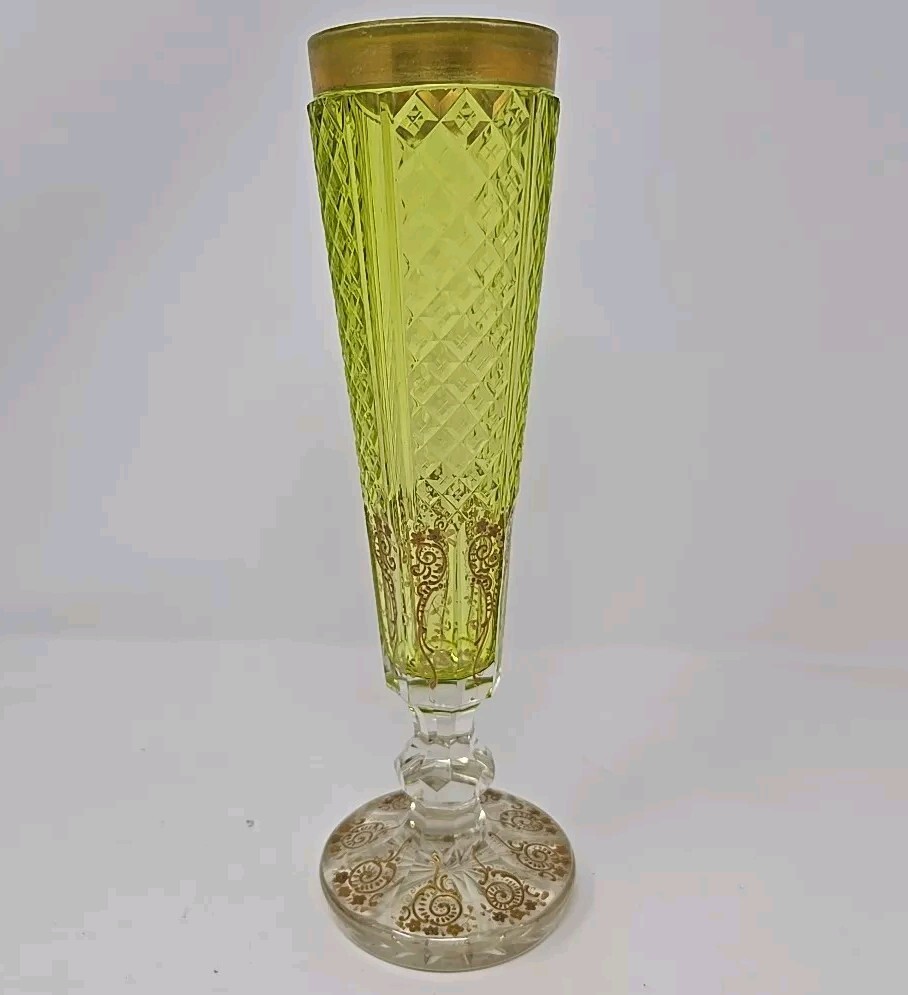 Antique Bohemian Moser Enameled Clear and Yellow Cut Glass Vase 10 1/4 inch