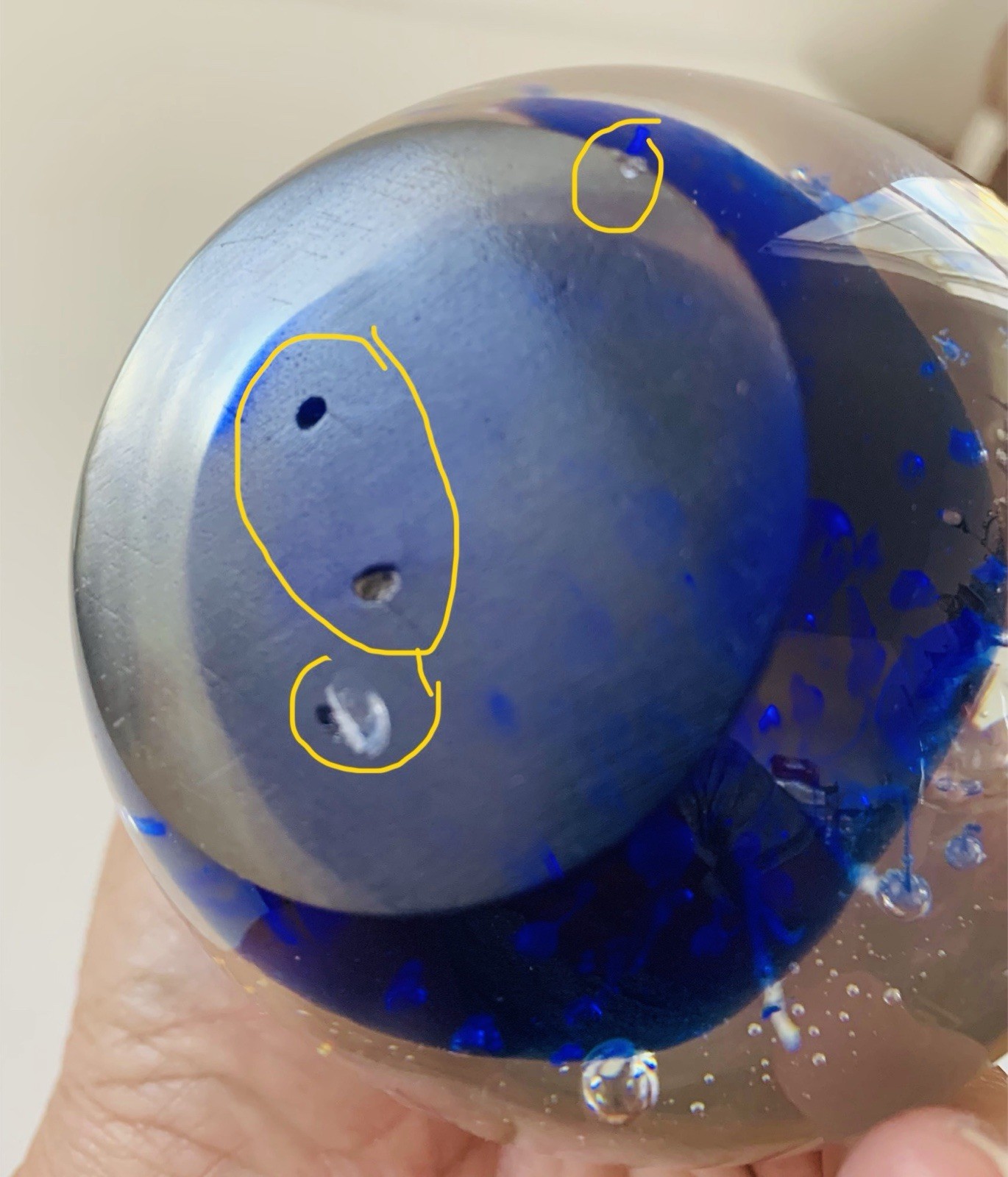 Vtg Art Glass Hand Blown Paperweight Cobalt Blue Controlled Bubbles/Fireworks