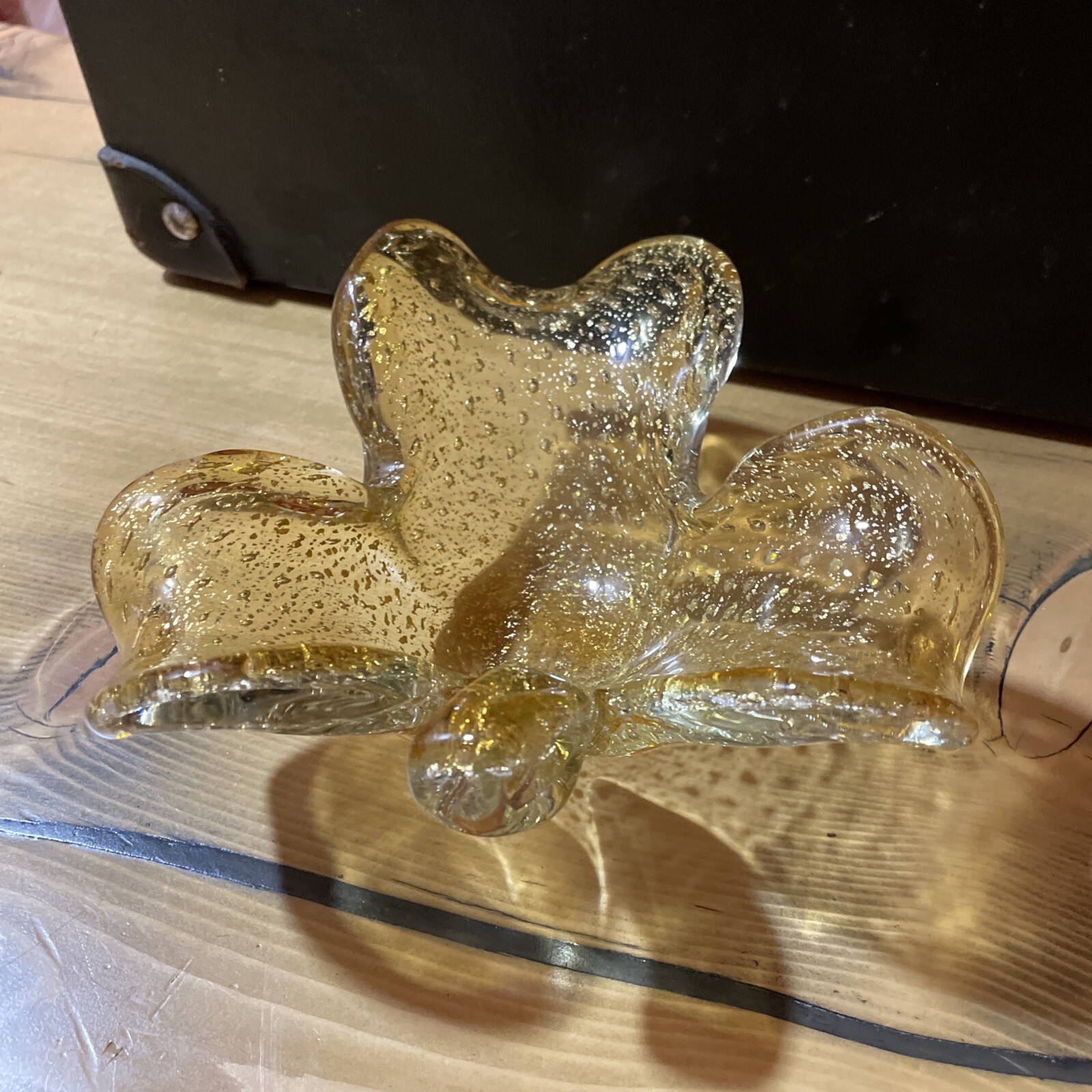 Clover Shaped Gold Flecks Aventurine Handblown Art Glass Vintage
