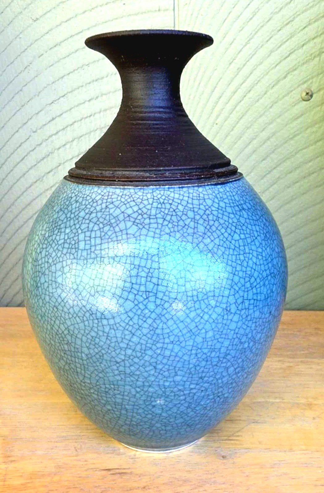 Vintage Handmade Studio Pottery Vase Robin Egg Blue Crackle/Glaze – Signed 7×5″