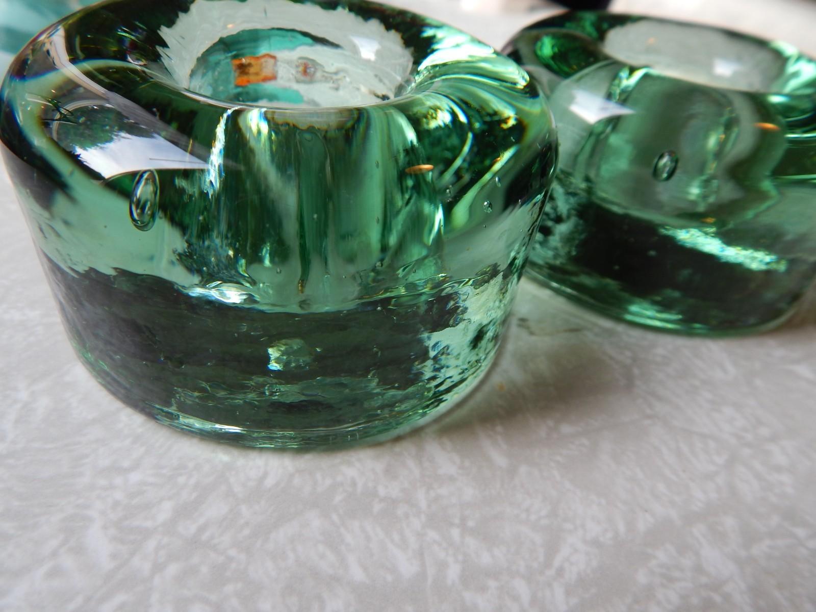 Set of 2 Sea Green Glass Candle Stick Holders Heavy Round Puck, Gorgeous!!