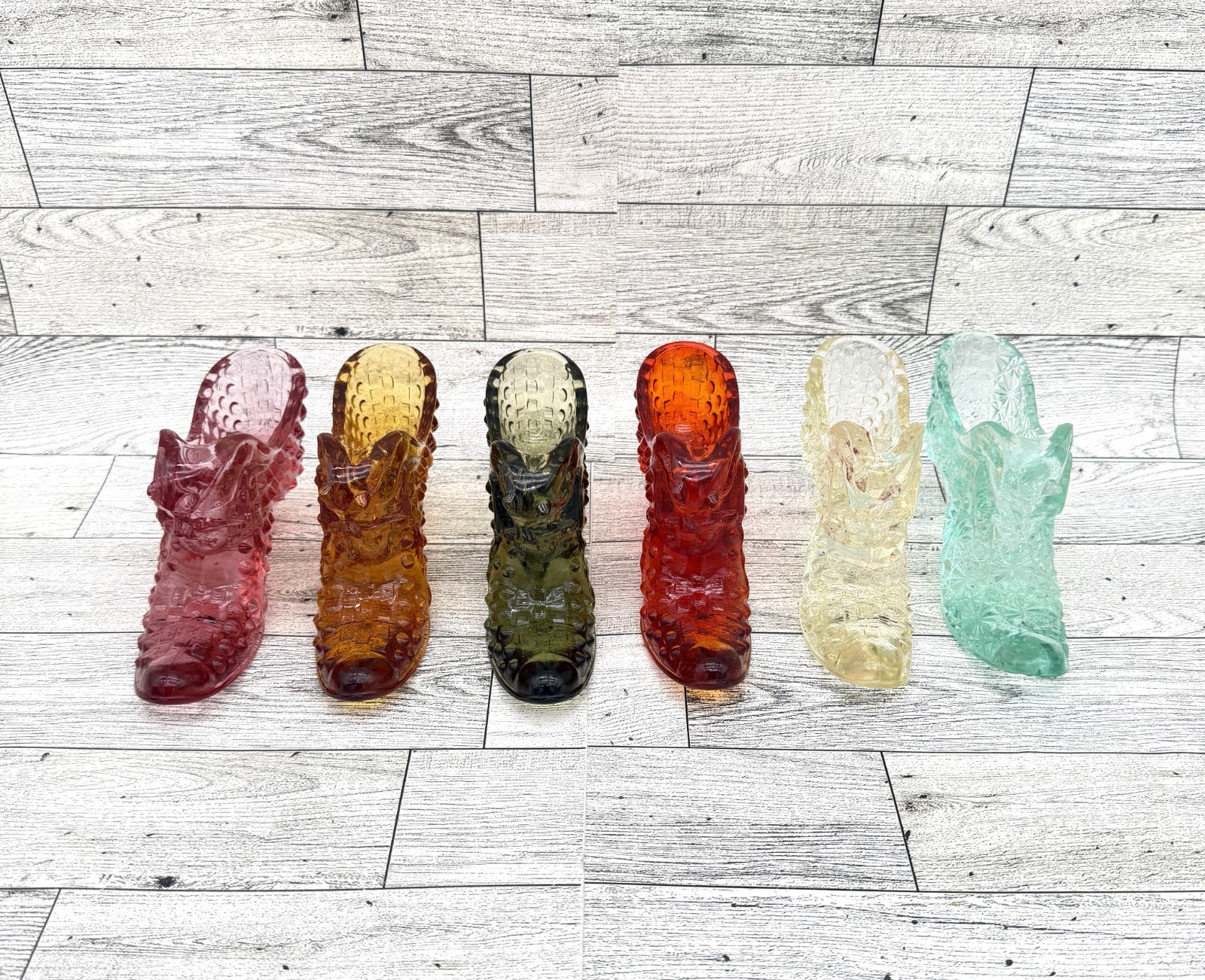VTG Fenton Art Glass?? 6 EA Victorian Style Cathead Pressed Glass Slipper Shoes