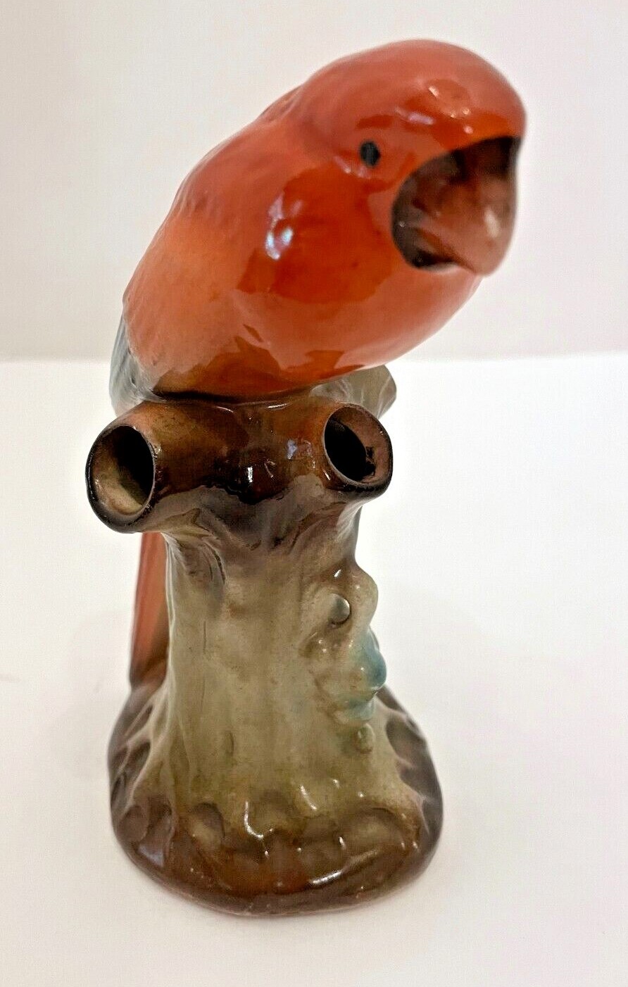 Vintage Red Glazed Tropical Bird In Tree Vase Flower Frog Made In Czechoslovakia