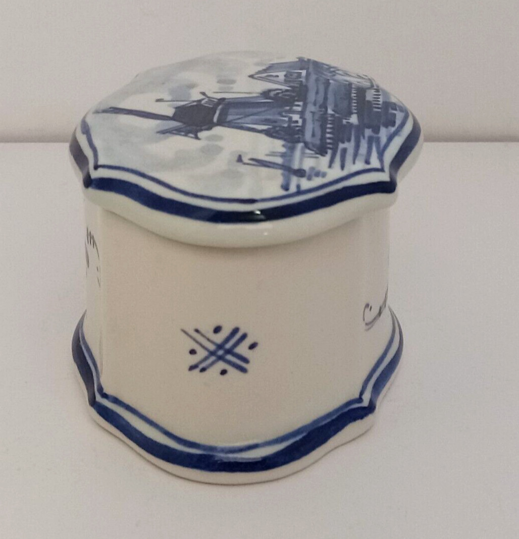 Vintage Blue & White Delft Trinket Box with Windmill Handpainted 3 3/8″ MINT
