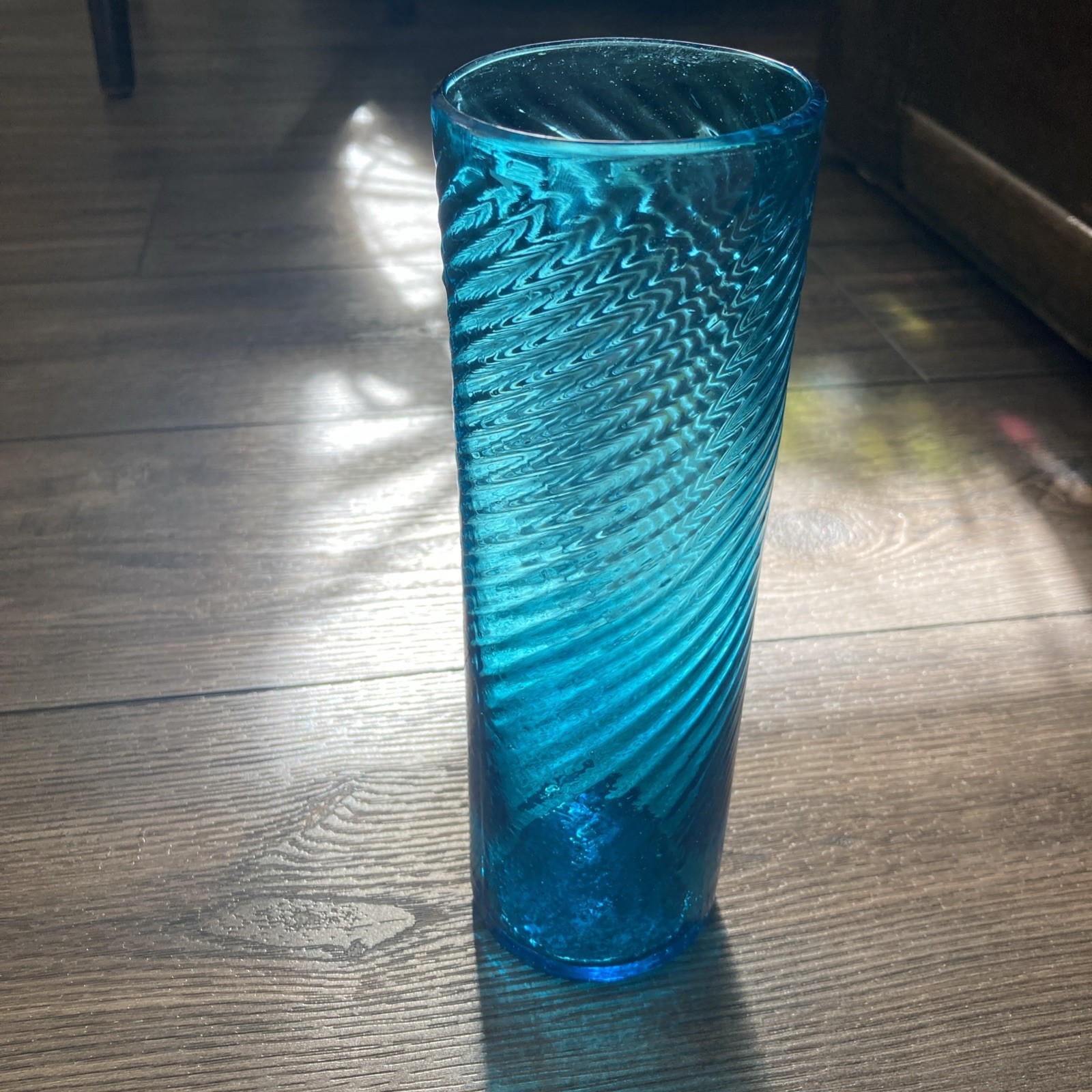 Vintage Empoli Teal Blue Hand Blown Swirl Optic Glass Vase Bubbled MCM