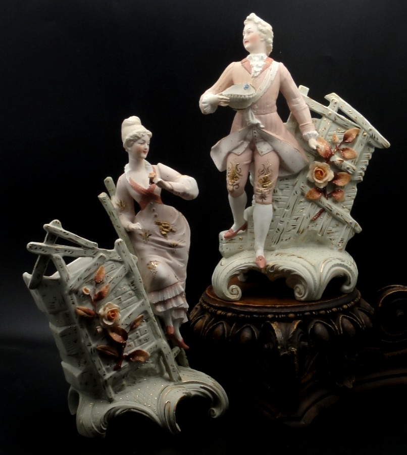 Antique German Gardener & His Wife Hand Painted Porcelain Figurine Spill Vases