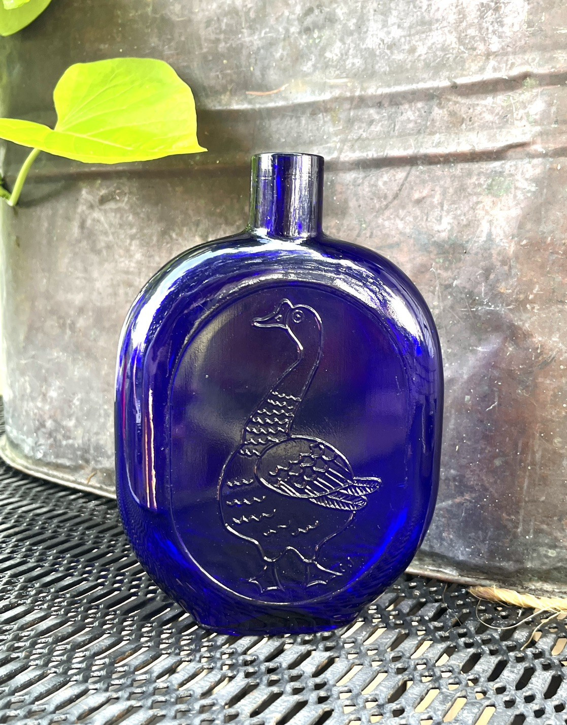 Vtg Cobalt Blue Clevenger Bros Glass Goose Bottle 7 inch