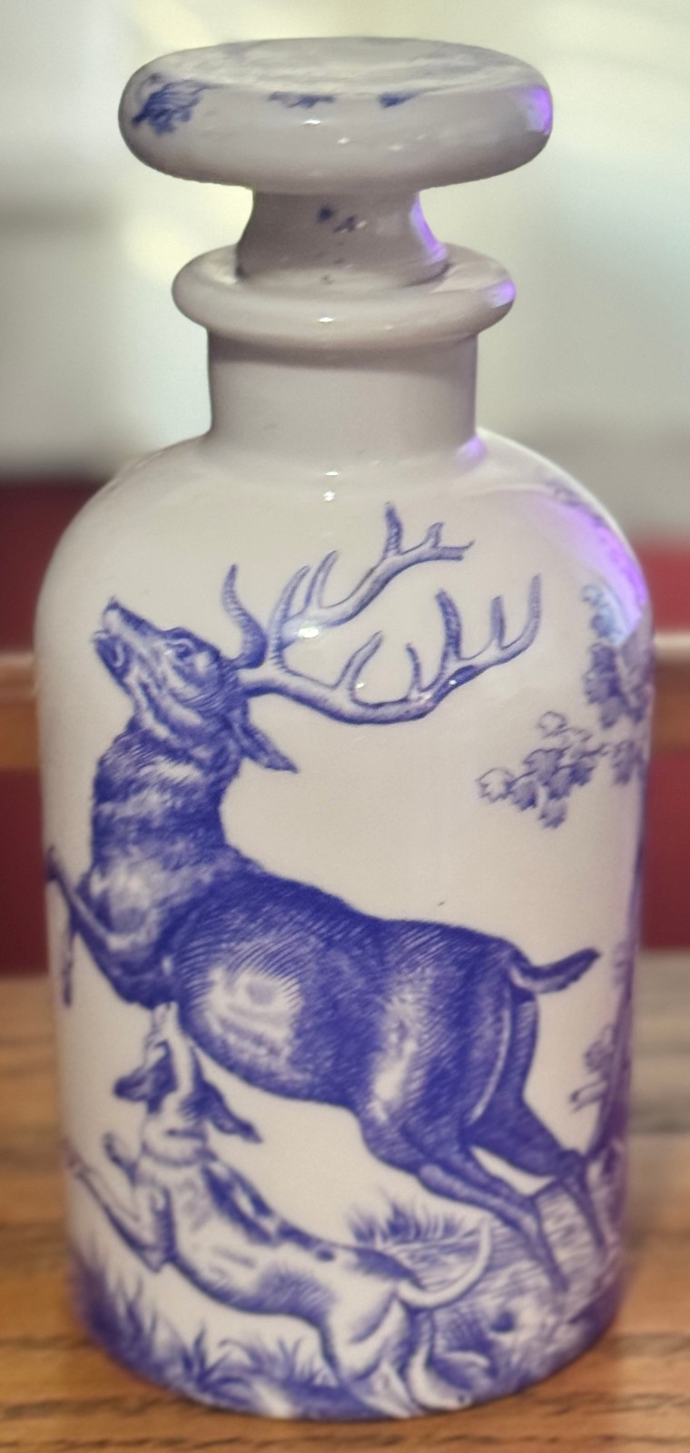 Vintage Porcelaine de Paris France Stag Hunt Blue White Porcelain Bottle Label