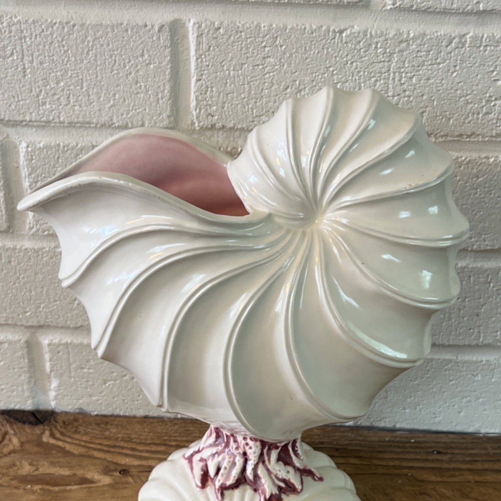Vintage Ceramic Decorative Vase Conch Shell Shaped White Pink Glossy