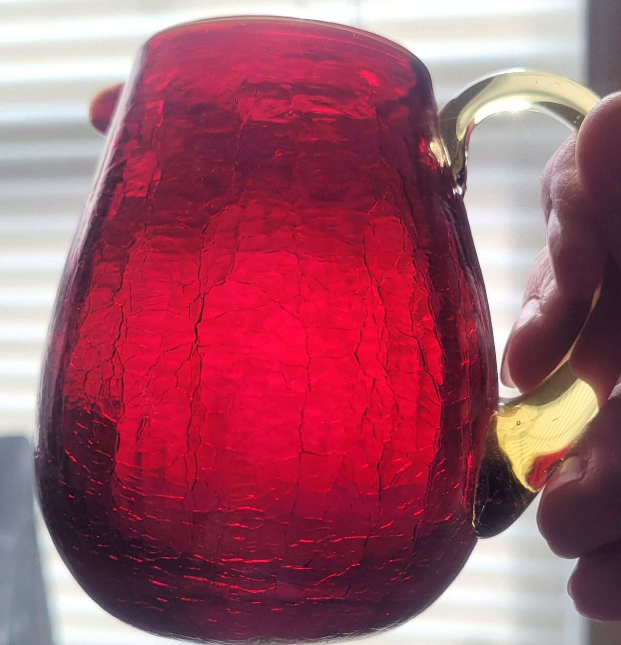 Vintage Ruby Red Crackle Art Glass with Yellow Handle Hand Blown Pitcher