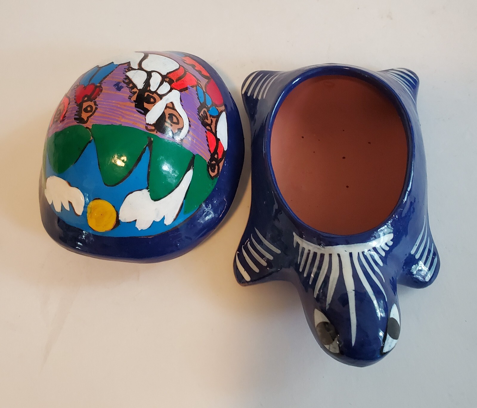 Turtle Trinket/Jewelry Box Hand Painted Terra Cotta Mexican Wedding Scene