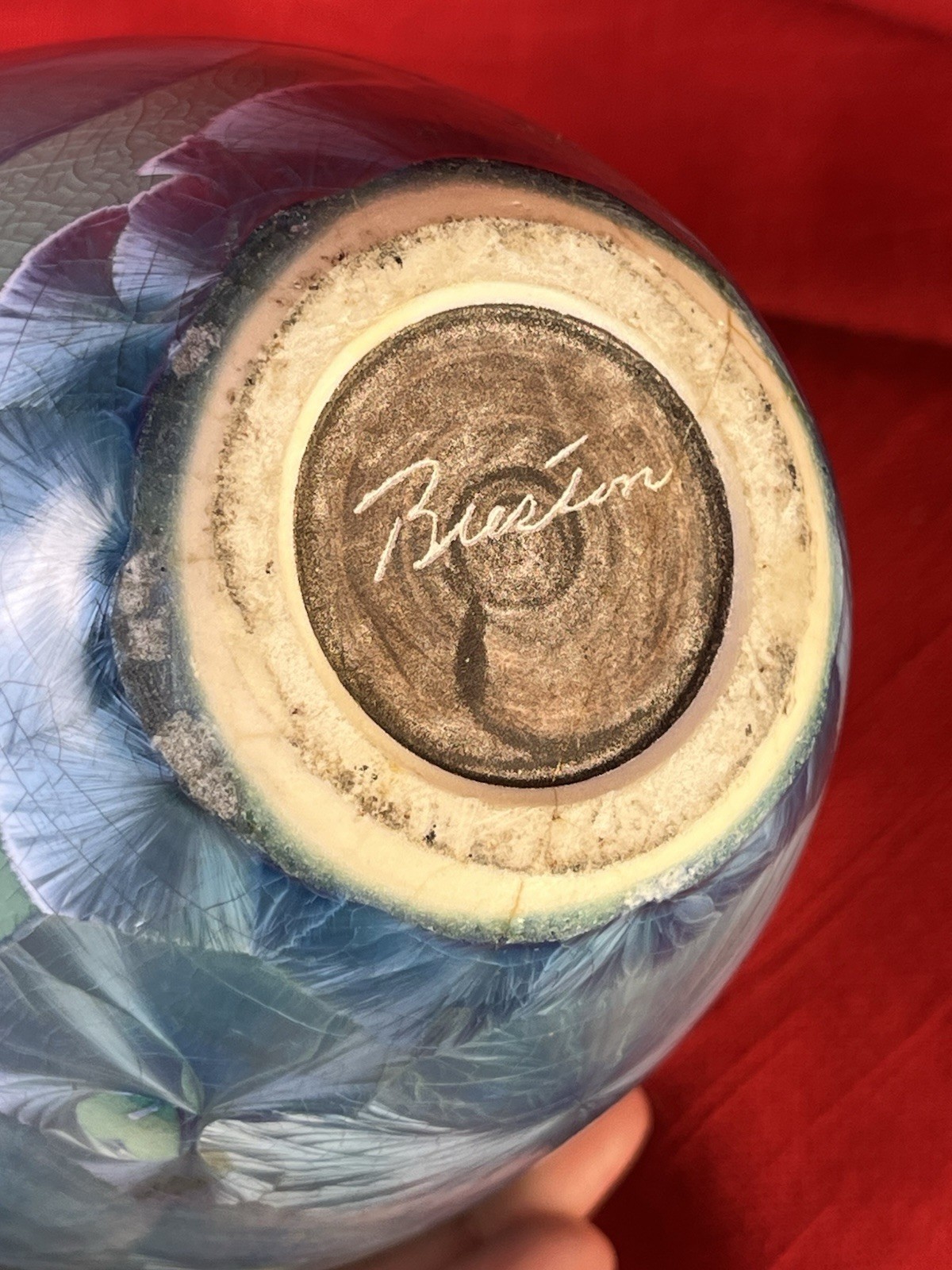 Crystalline Glaze Ceramic Art Pottery Vase Round Signed Blue Green Celadon Art