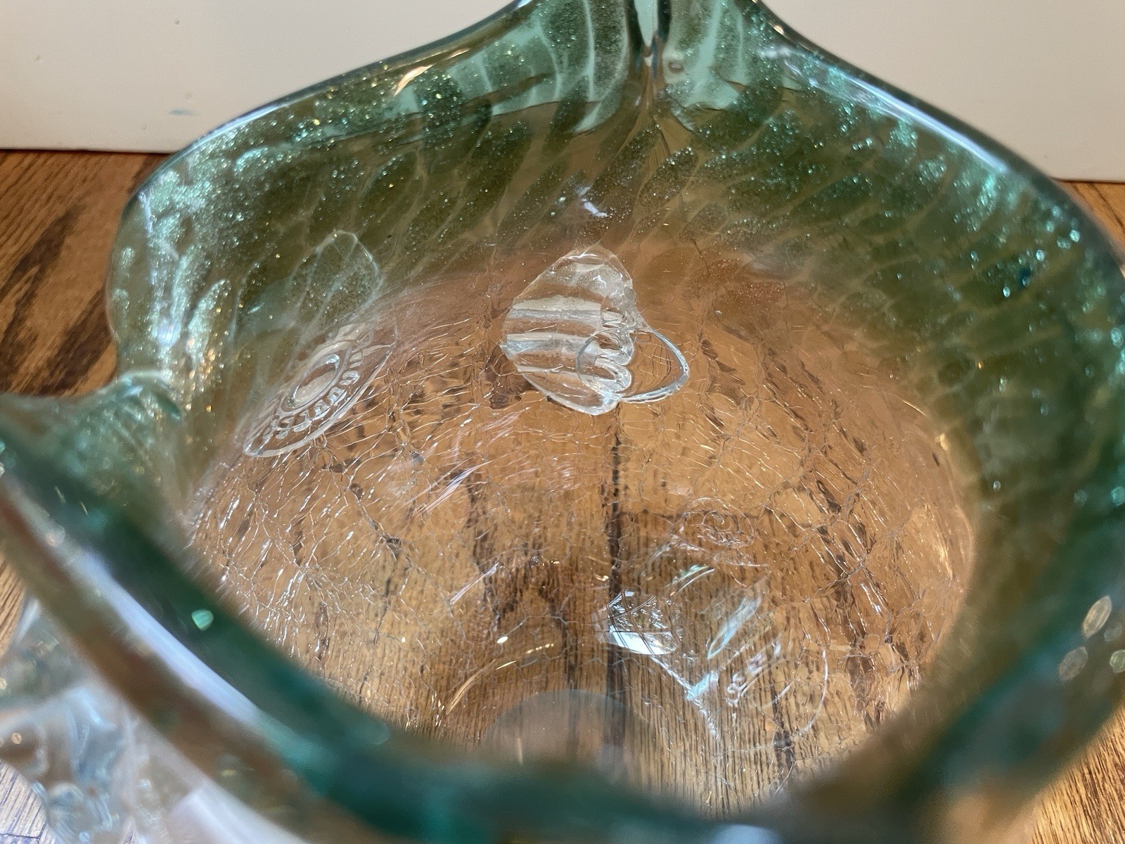 Vintage Crackle Glass Owl Vase Planter Green Art Glass Hand Blown 7” Tall