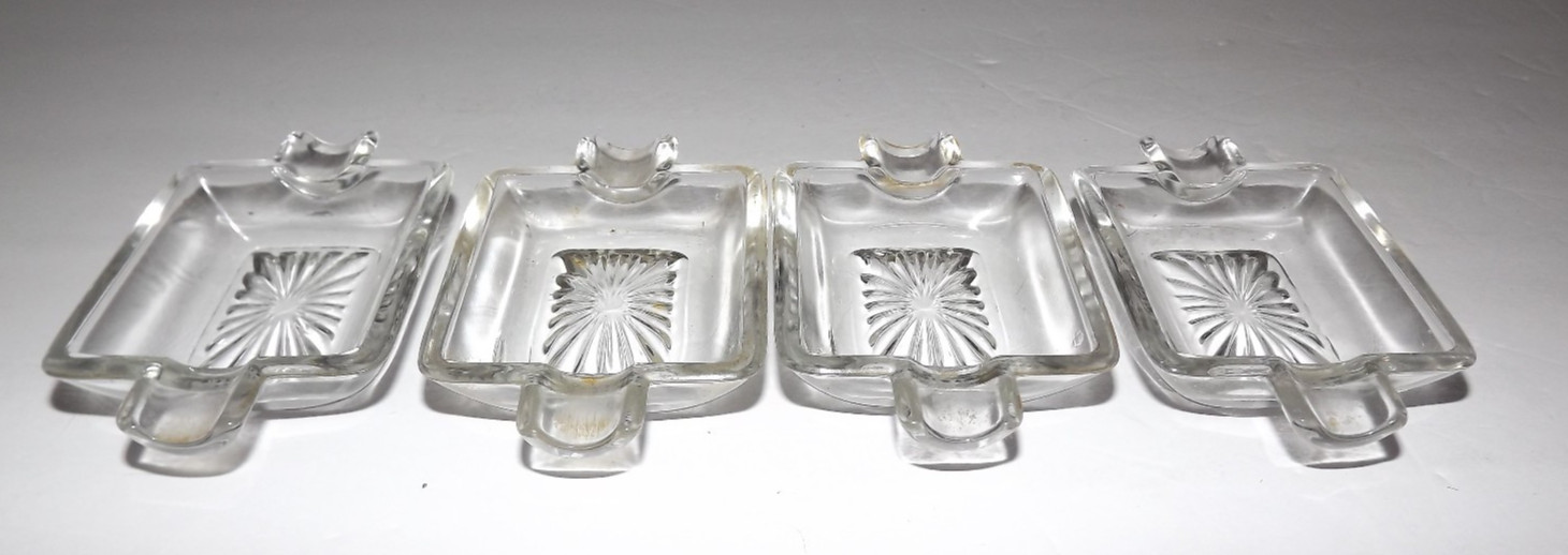 Vtg Retro Black Glass Cigarette Holder Box Clear Lid 4 Double Ashtrays Complete
