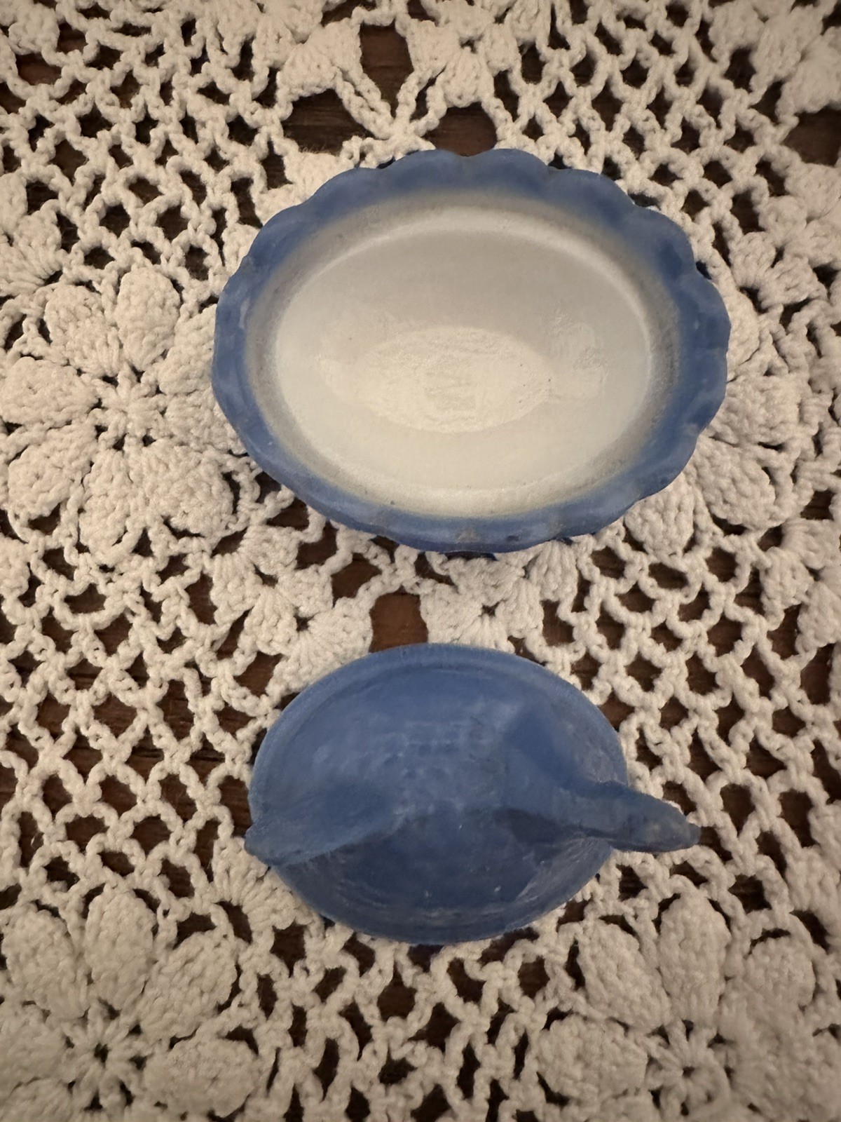 Westmoreland Milk Glass Fired on Blue Mini Hen On Nest Mini Salt Dip Miniature