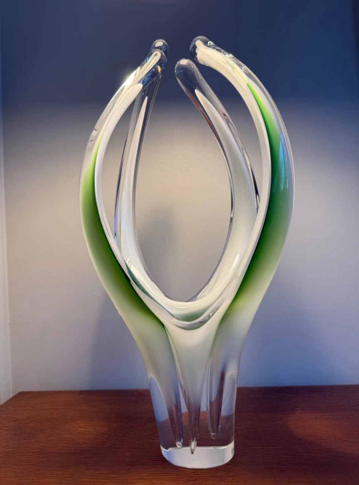 Lg Flygsfors Coquille Sweden 18” 10lb Art Glass 4 Section Vase Kedelv Signed MCM