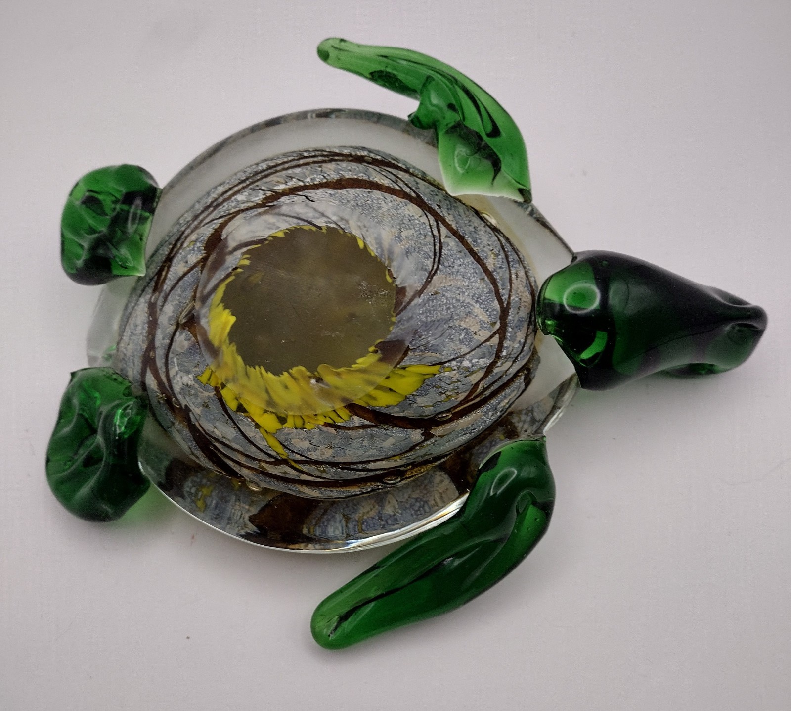 Murano Style Sea Turtle Glass Paperweight Figurine Hand-Blown Green Brown 6”