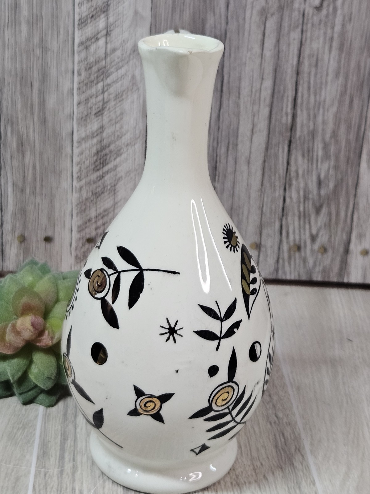 Vintage Apple & Pear Bond Ware Hand Painted Pitcher Vase Black Gold Mid Century