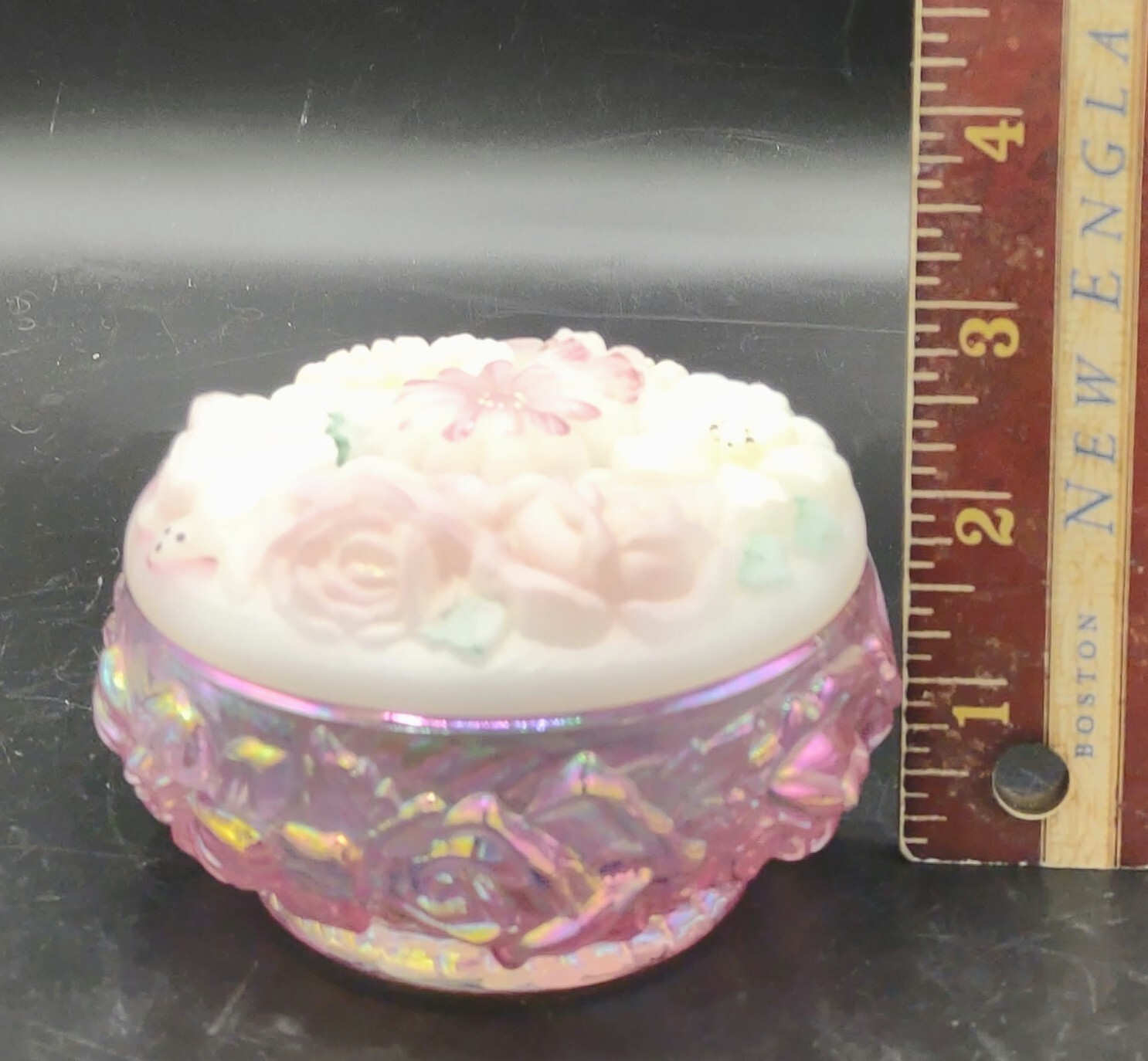 Fenton Art Nouveau Satin Glass Lid Handpaint Signed Dresser Vanity Jar/Box 4″