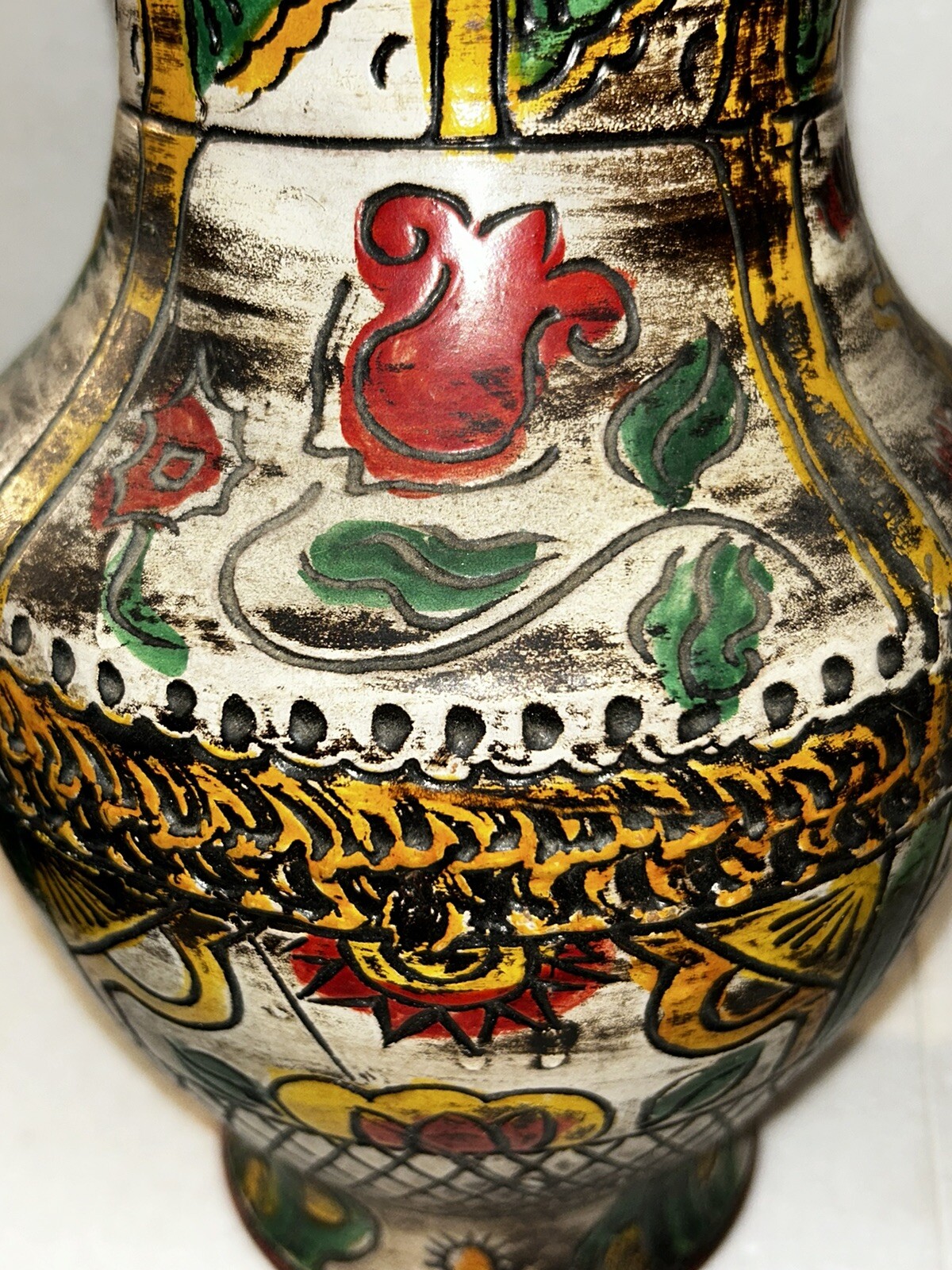 Vintage Made in Japan Bird and Floral Earthenware Vase. Pottery. Engraved Design