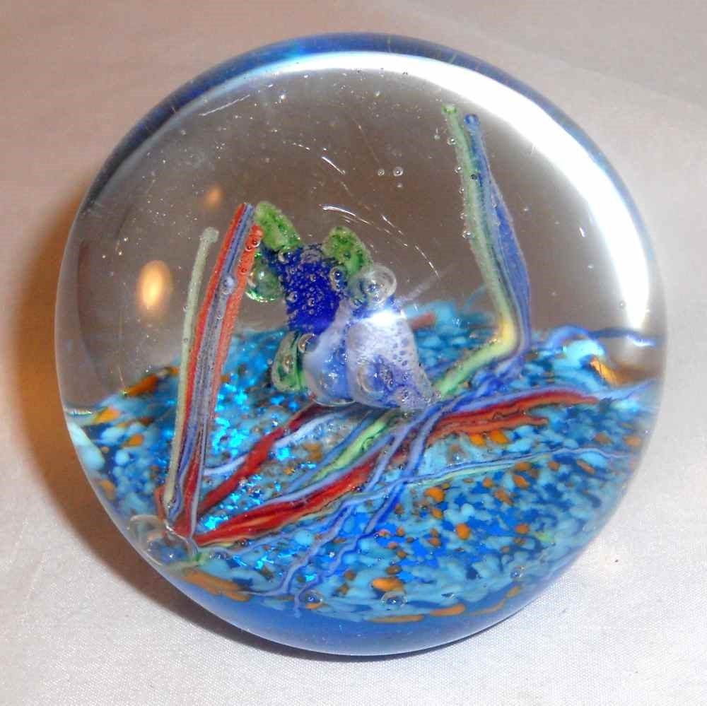 Vintage Art Glass Round Paperweight Fish Swimming In Blue Ocean Unmarked