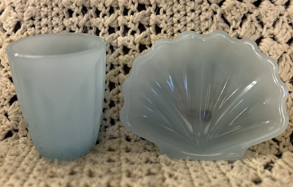 V. Nason & C. Art Murano Italy Shell Soap Dish And Glass Blue Vintage