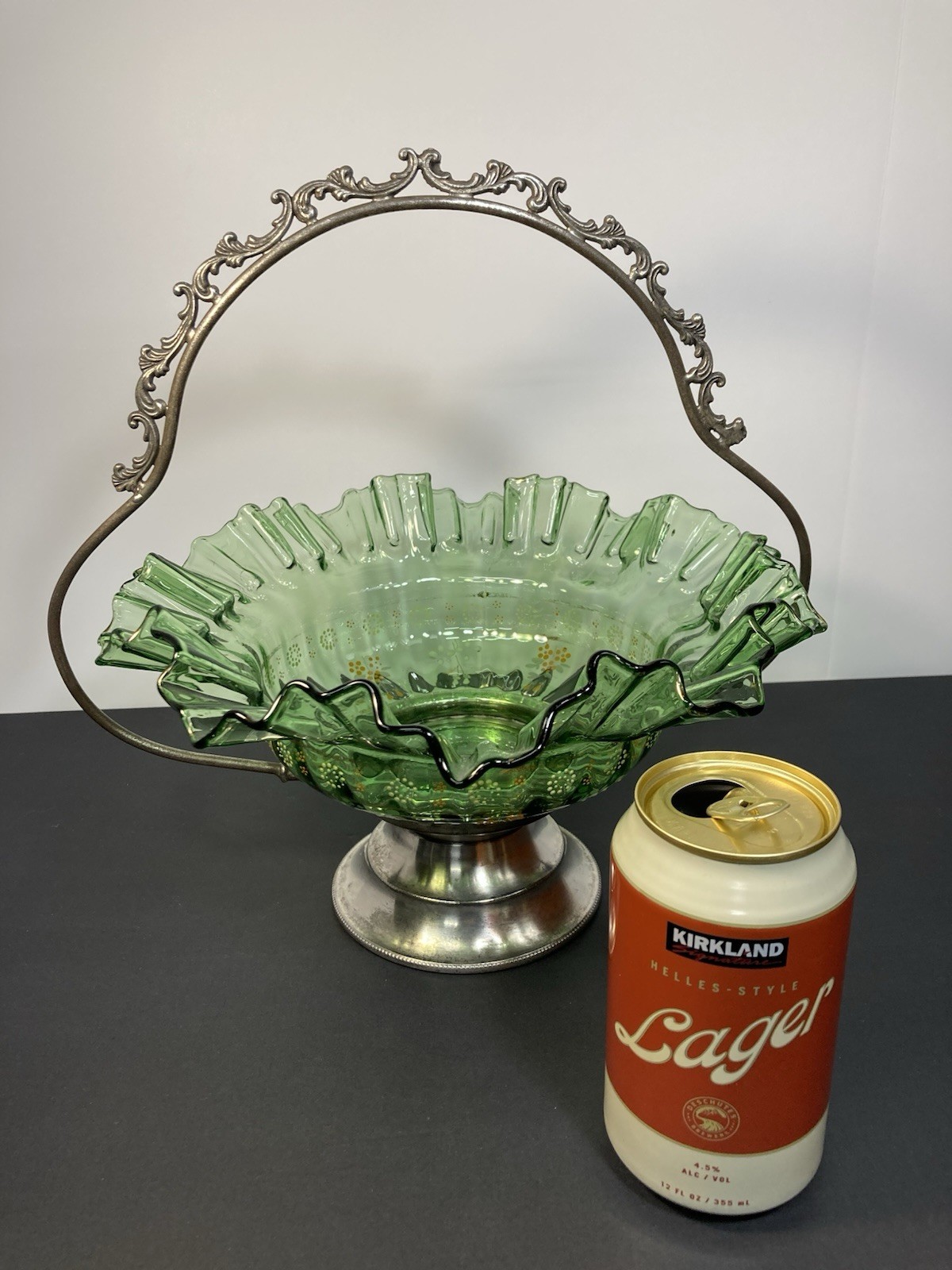 Victorian Brides Bowl/Green With Metal Stand & Enameled Flowers & Ruffled Edges