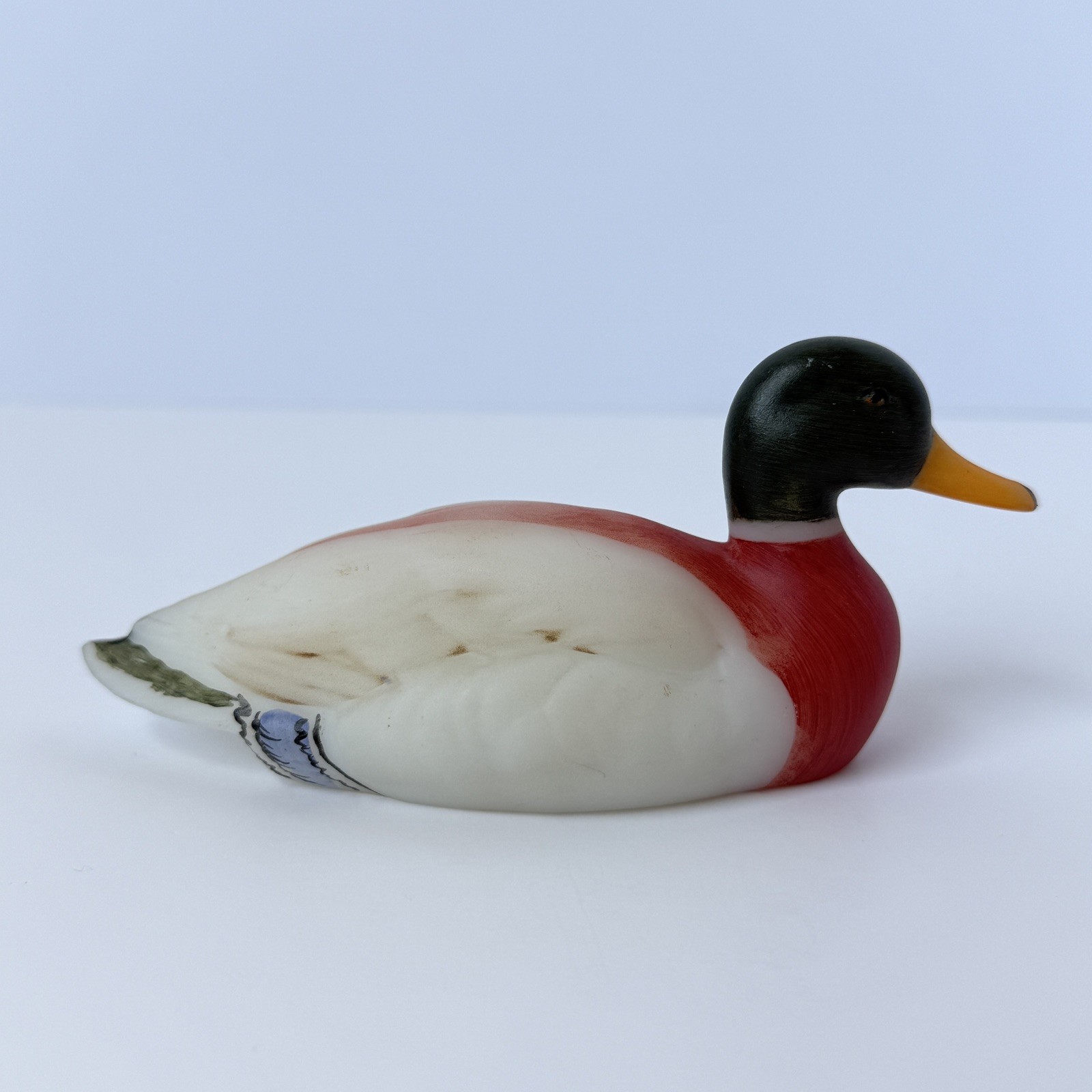 Vintage Fenton Glass Mallard Duck Milky Art Glass Hand Painted By Marilyn Wagner