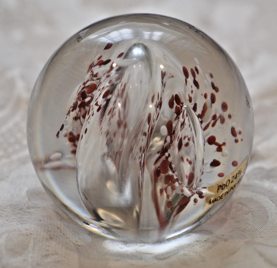Art Glass, CLEAR WITH RED AND WHITE Paperweight – Signed Poland 3 x 3 X 3