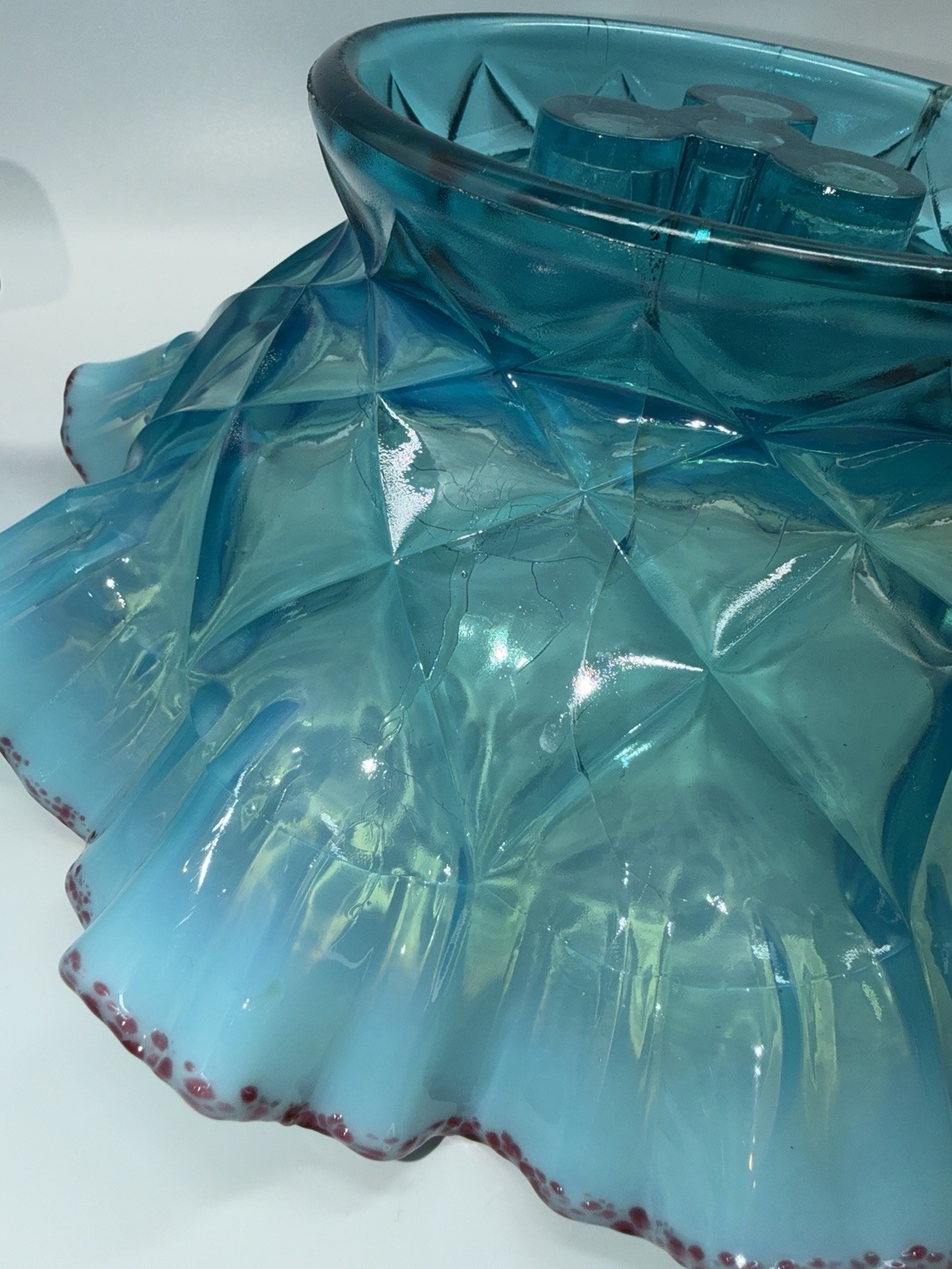 Vintage Epergne Northwood 4 Horn Opalescent Blue Red Frit Stunning READ RARE