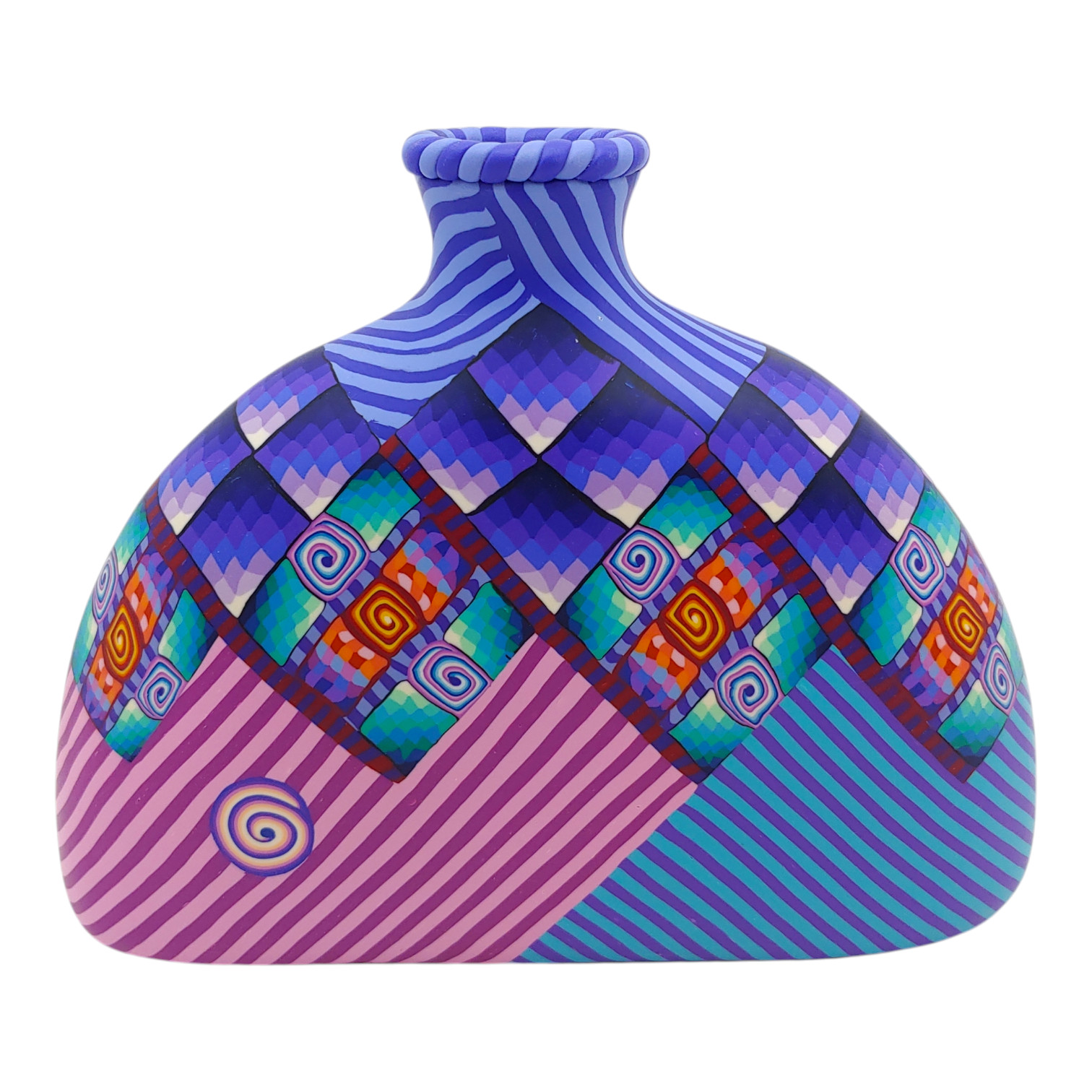 Handmade Colorful Polymer Clay Vase – 6.5″ Blue Green Purple Striped Geometric