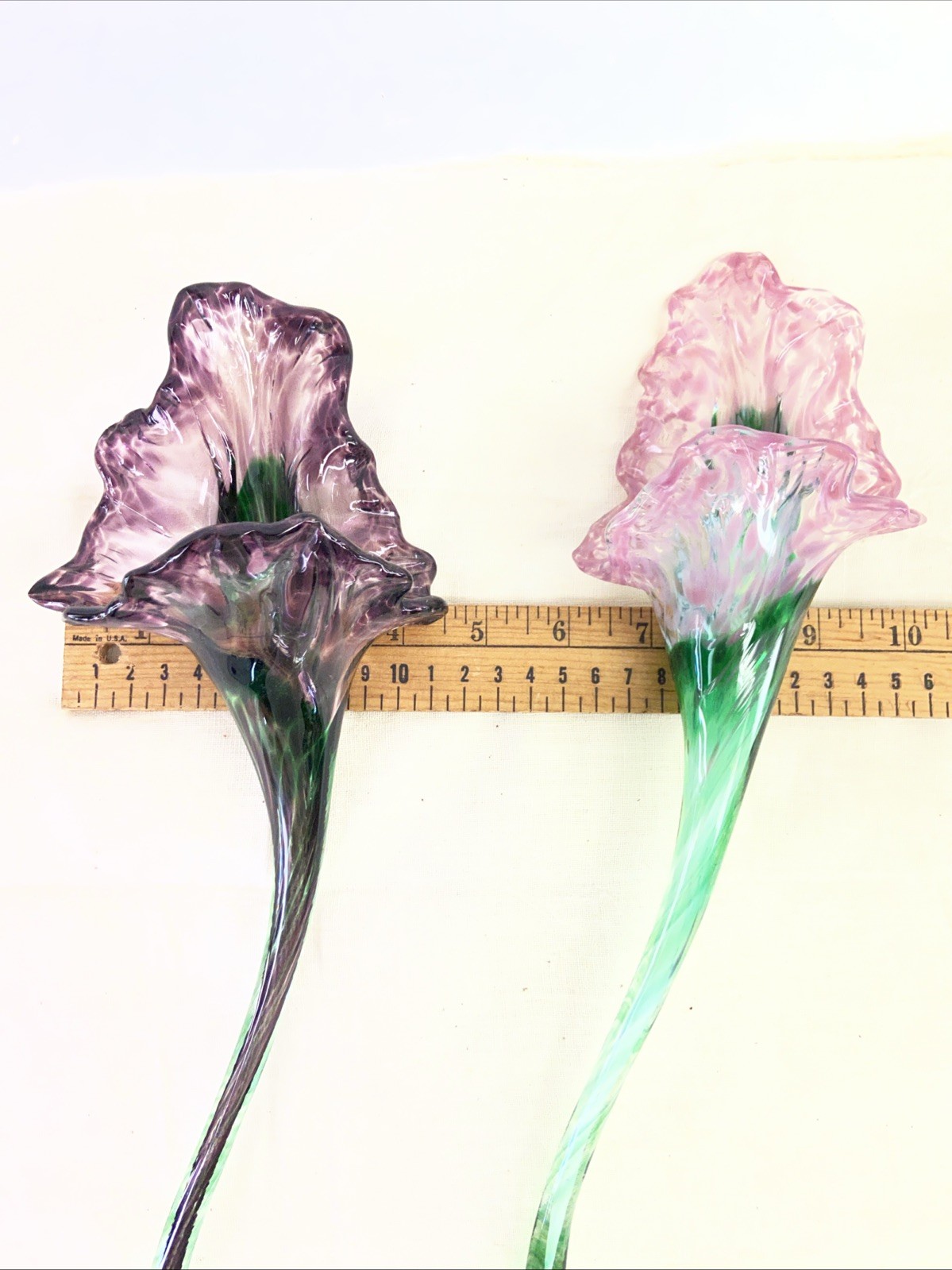 Two Vintage Handblown Art Glass Flowers Pink Purple & Green