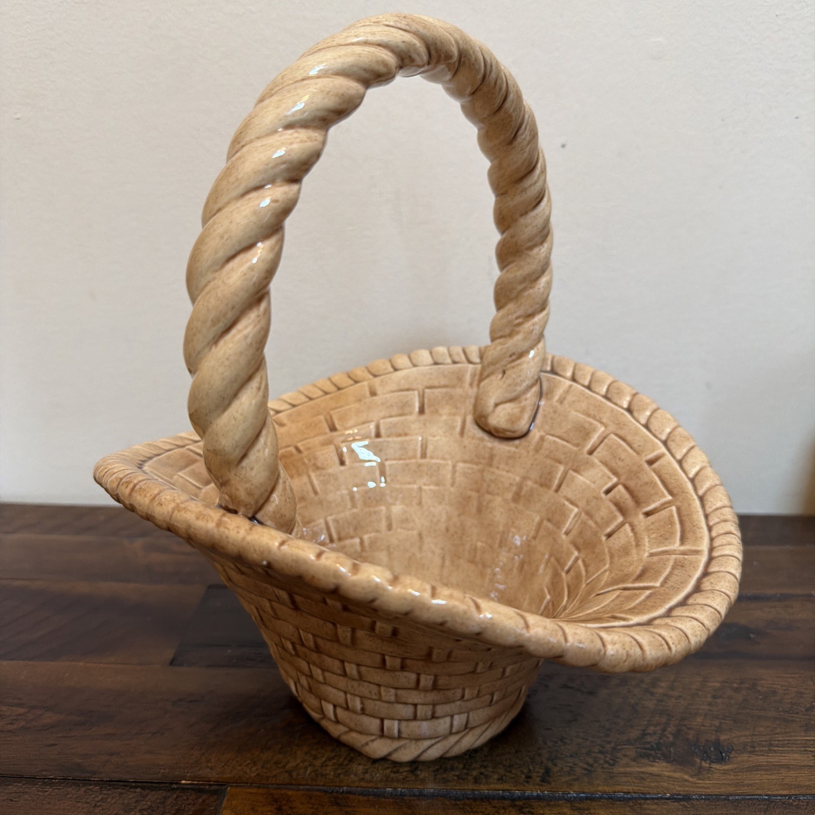 Vintage Handmade Ceramic Brown WOVEN BASKET WITH HANDLE. Signed EB