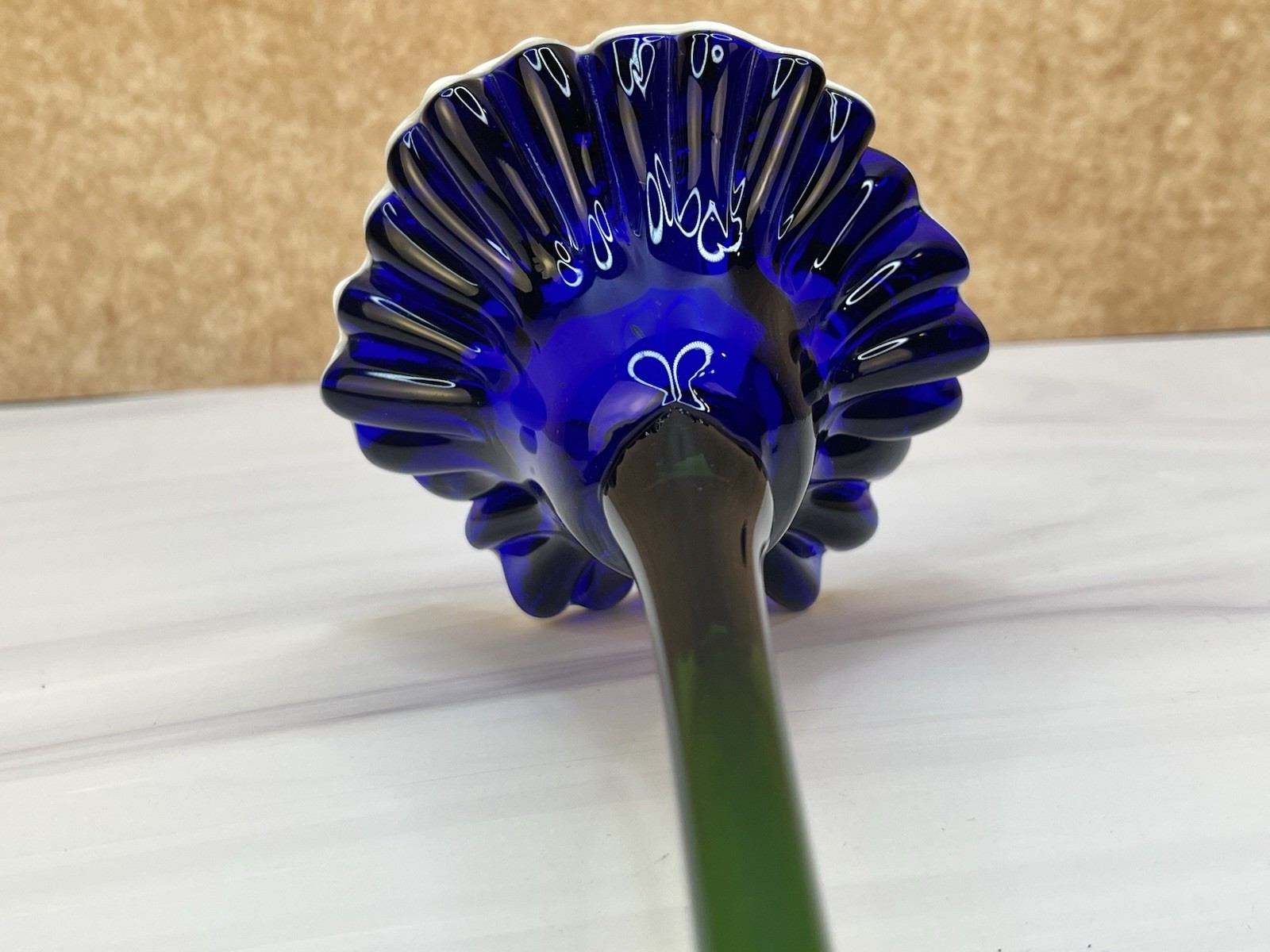 Hand Blown Art Glass Flower Cobalt Blue White Ruffle Green Stem 15 Inch